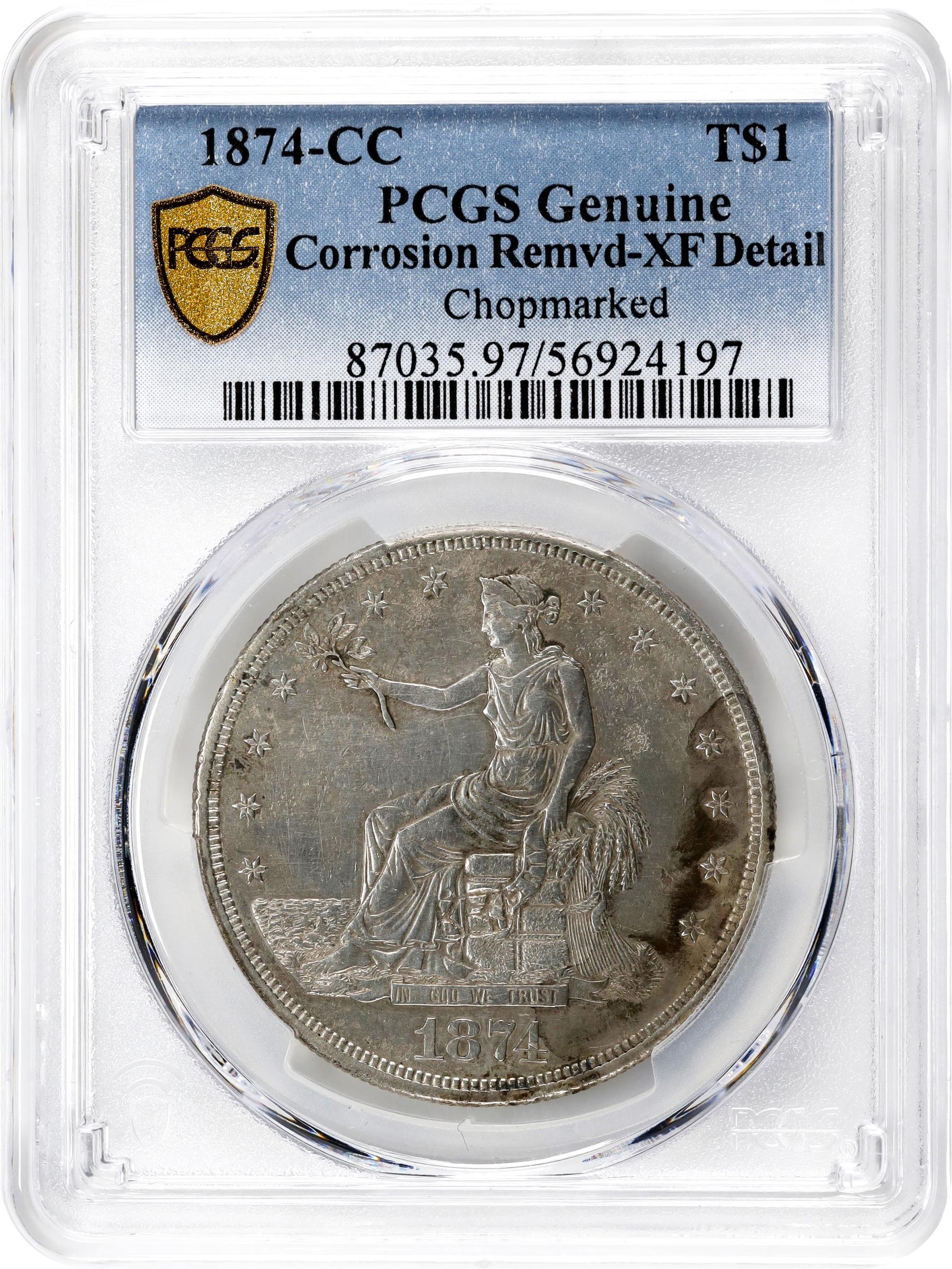image for: 1874-CC Trade Dollar. Chop Mark. EF Details--Corrosion Removed (PCGS).