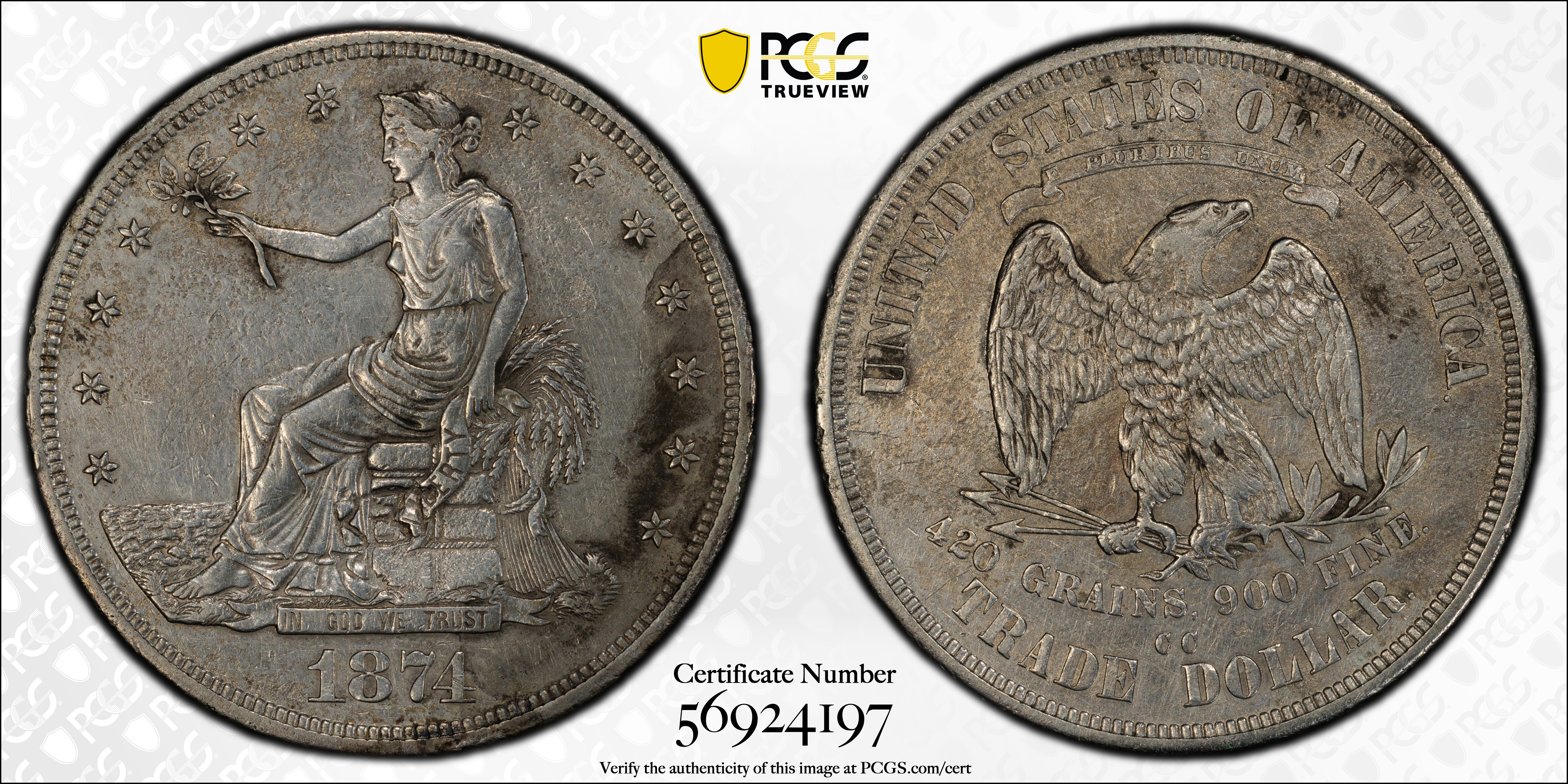 image for: 1874-CC Trade Dollar. Chop Mark. EF Details--Corrosion Removed (PCGS).
