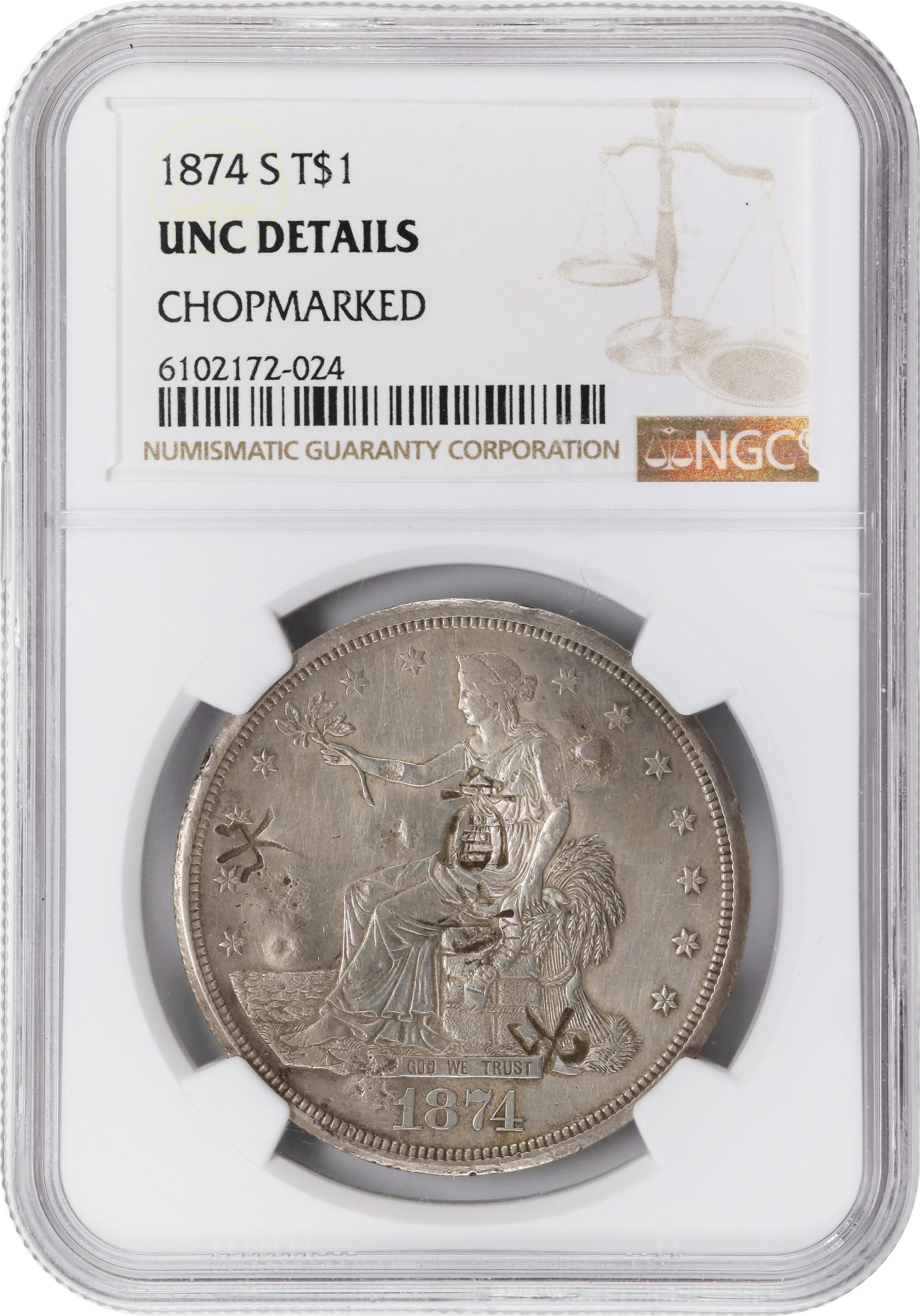 image for: 1874-S Trade Dollar. Unc Details--Chopmarked (NGC).