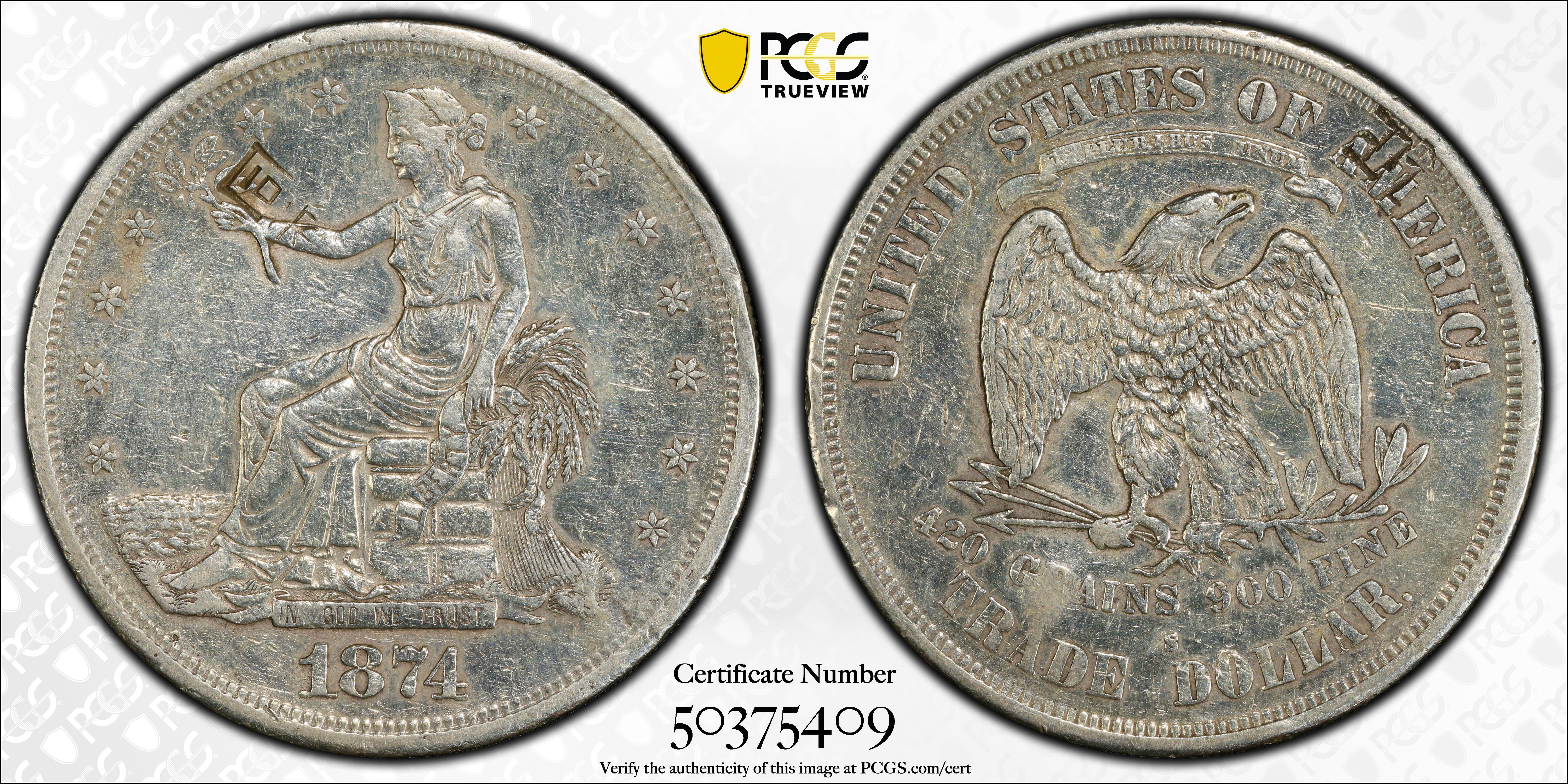 image for: 1874-S Trade Dollar. Chop Mark. EF Details--Cleaned (PCGS).