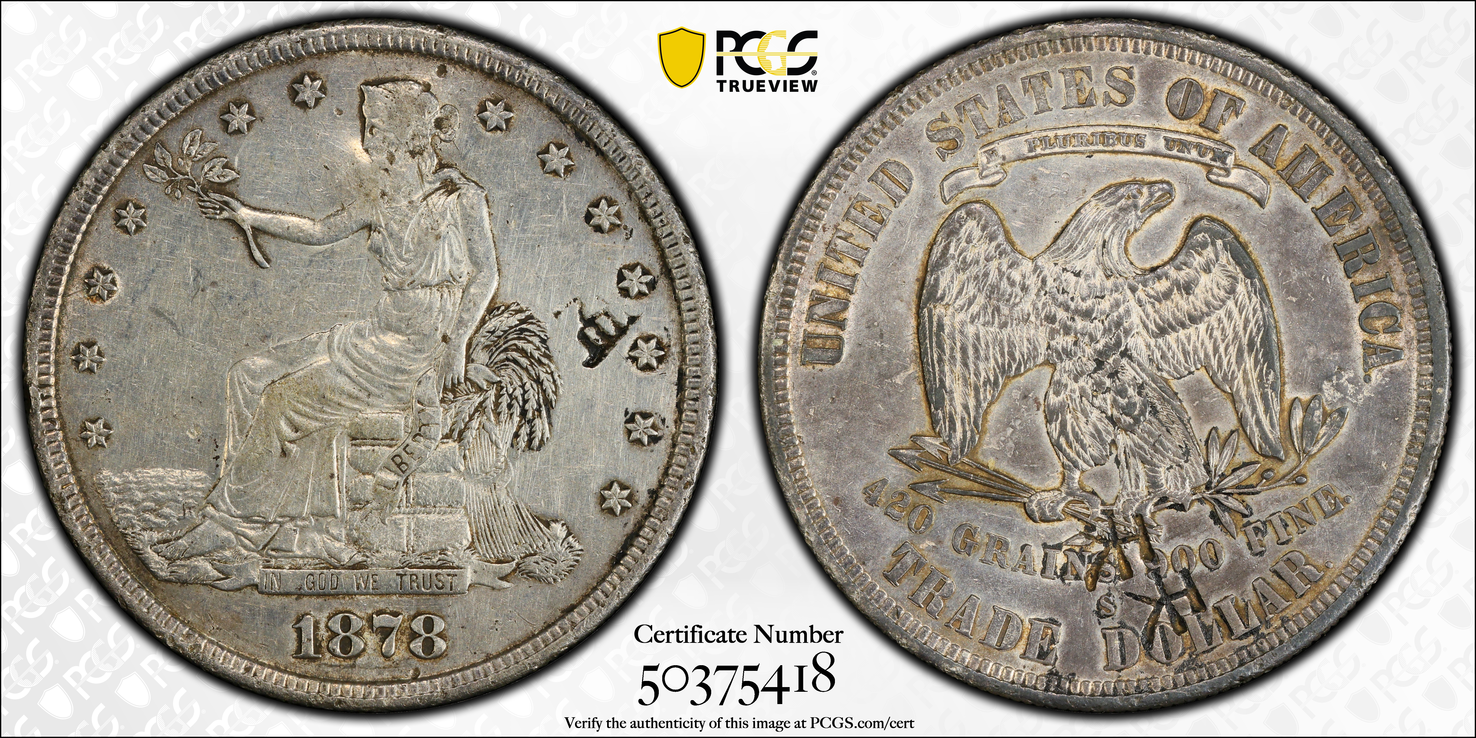 image for: 1878-S Trade Dollar. Chop Mark. EF Details--Cleaned (PCGS).