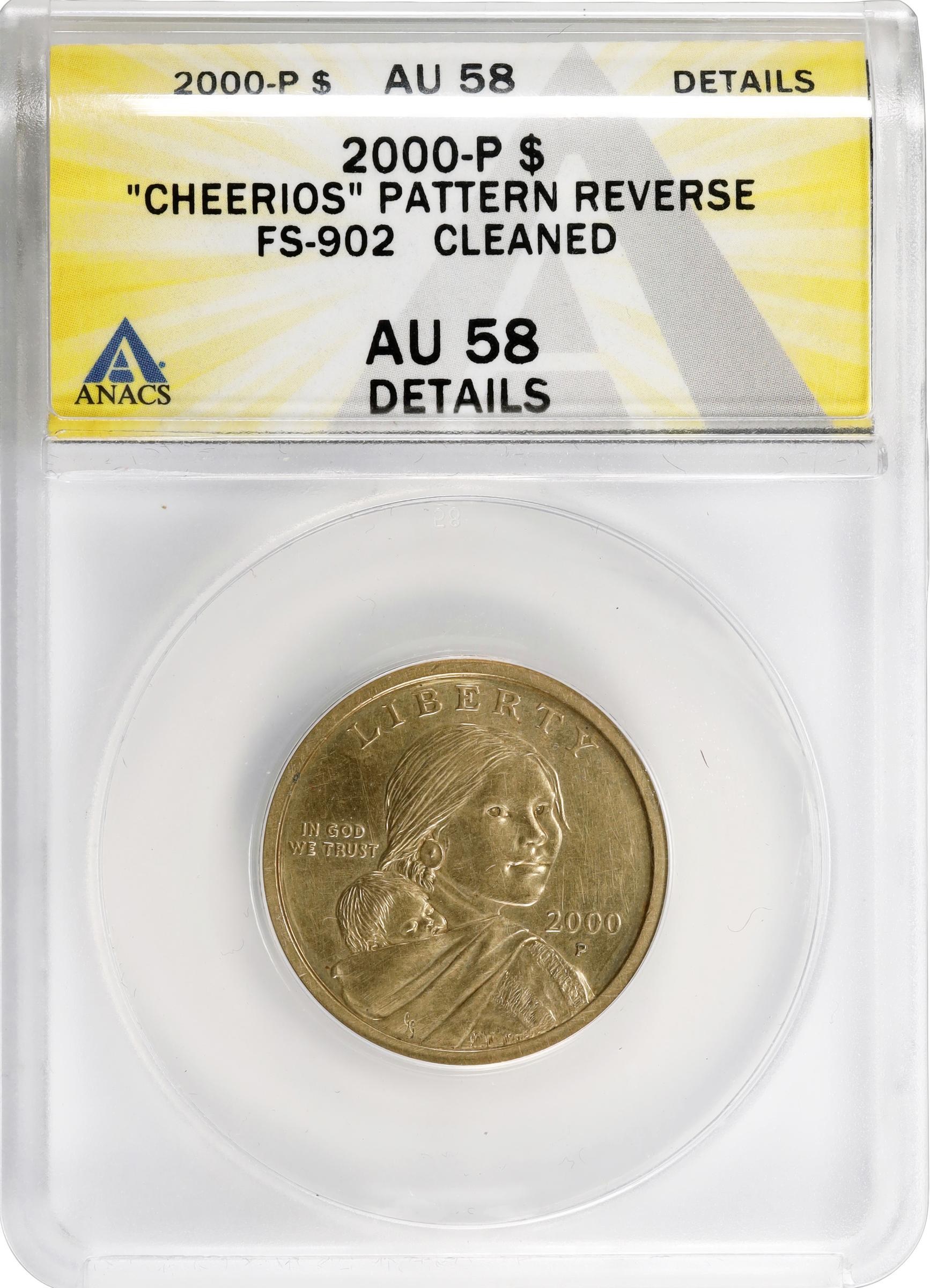 image for: 2000-P Sacagawea "Cheerios" Dollar. FS-902. Boldly Detailed Tail Feathers. AU-58 Details--Cleaned (ANACS).