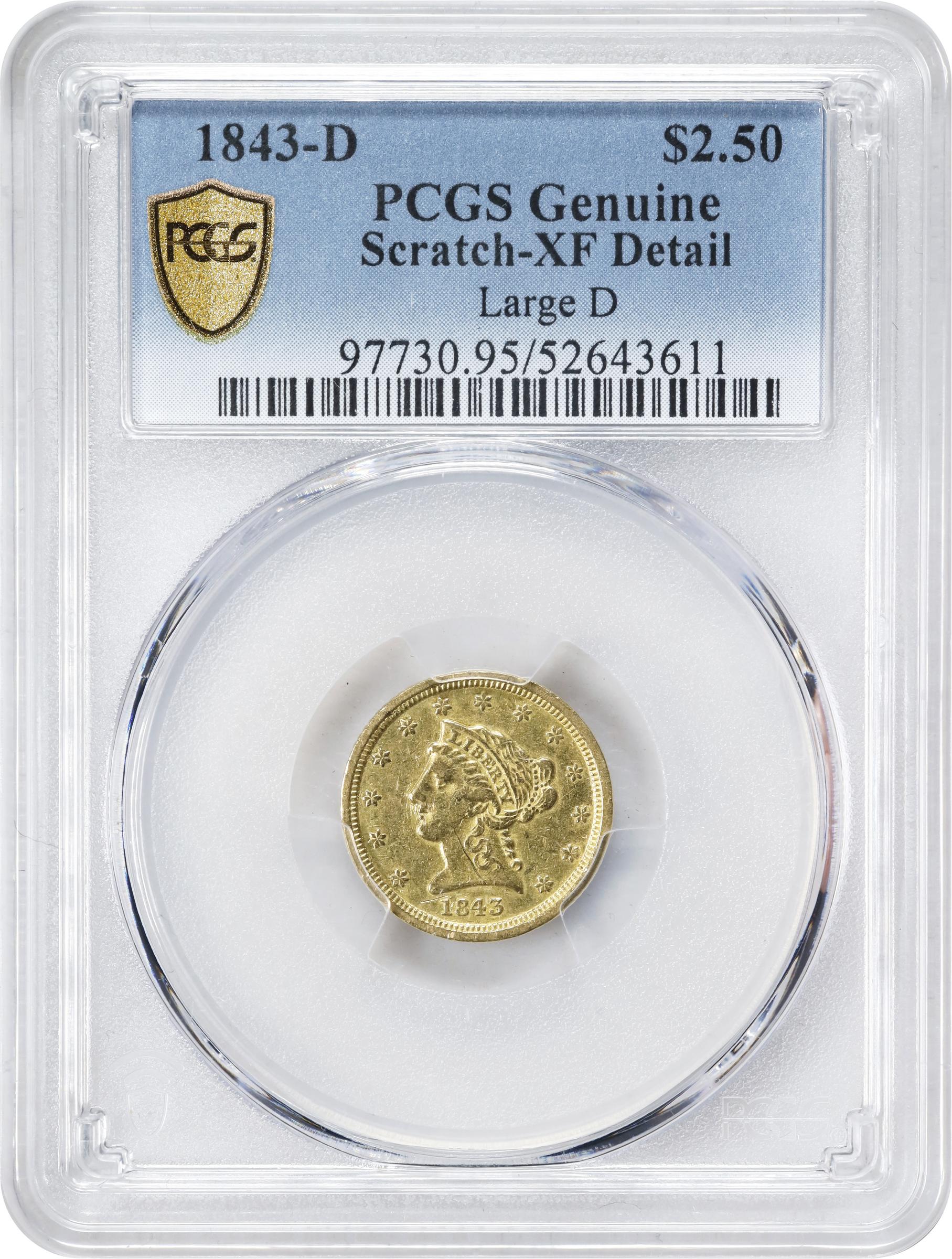 image for: 1843-D Liberty Head Quarter Eagle. Winter 4-I. Large D. EF Details--Scratch (PCGS).