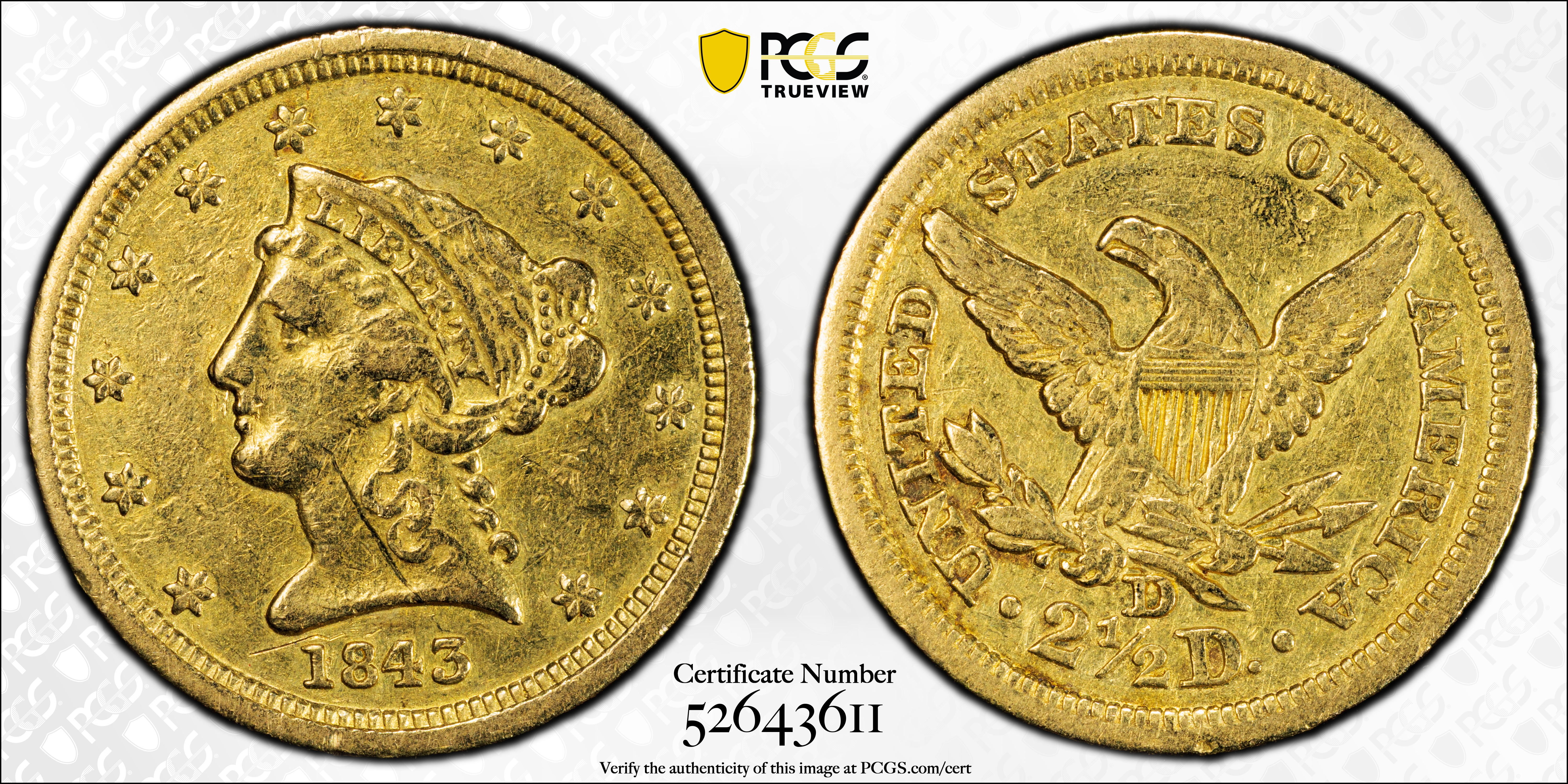 image for: 1843-D Liberty Head Quarter Eagle. Winter 4-I. Large D. EF Details--Scratch (PCGS).