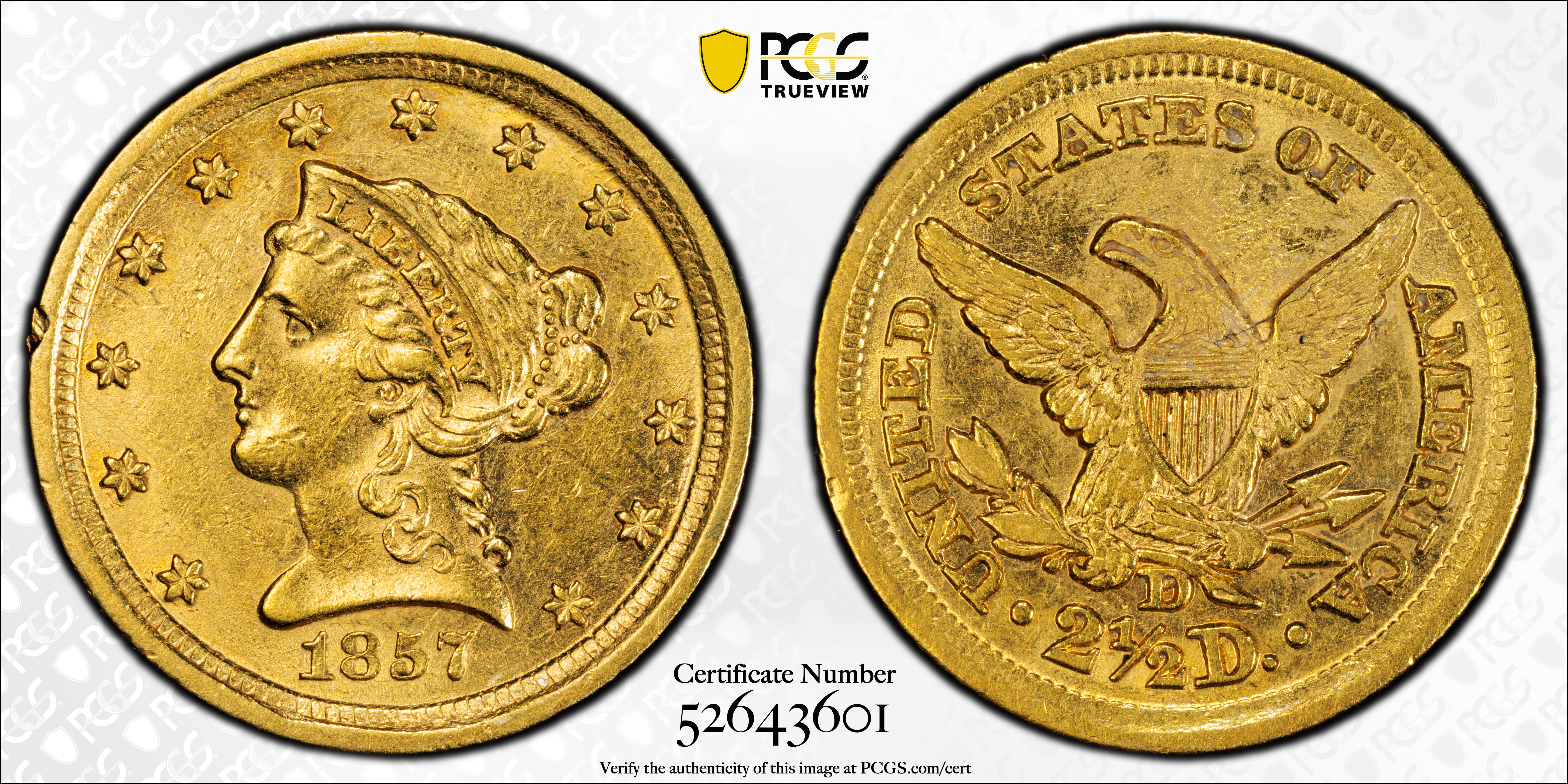 image for: 1857-D Liberty Head Quarter Eagle. Winter 21-N. AU Details--Tooled (PCGS).