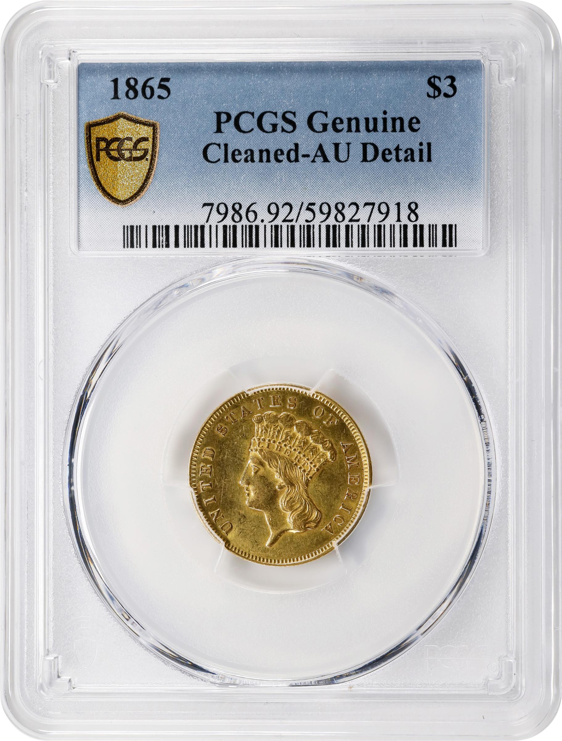 image for: 1865 Three-Dollar Gold Piece. AU Details--Cleaned (PCGS).