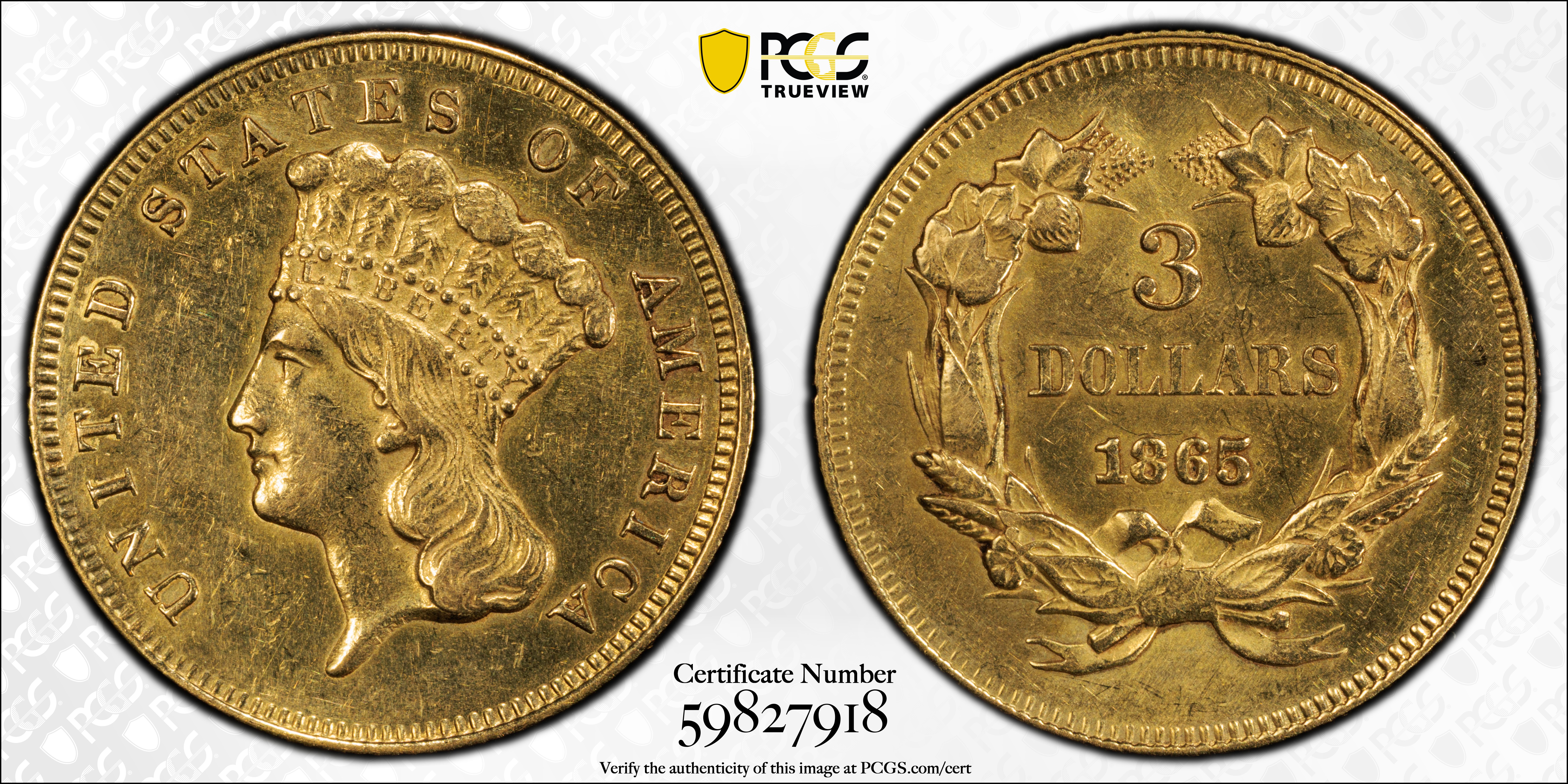 image for: 1865 Three-Dollar Gold Piece. AU Details--Cleaned (PCGS).