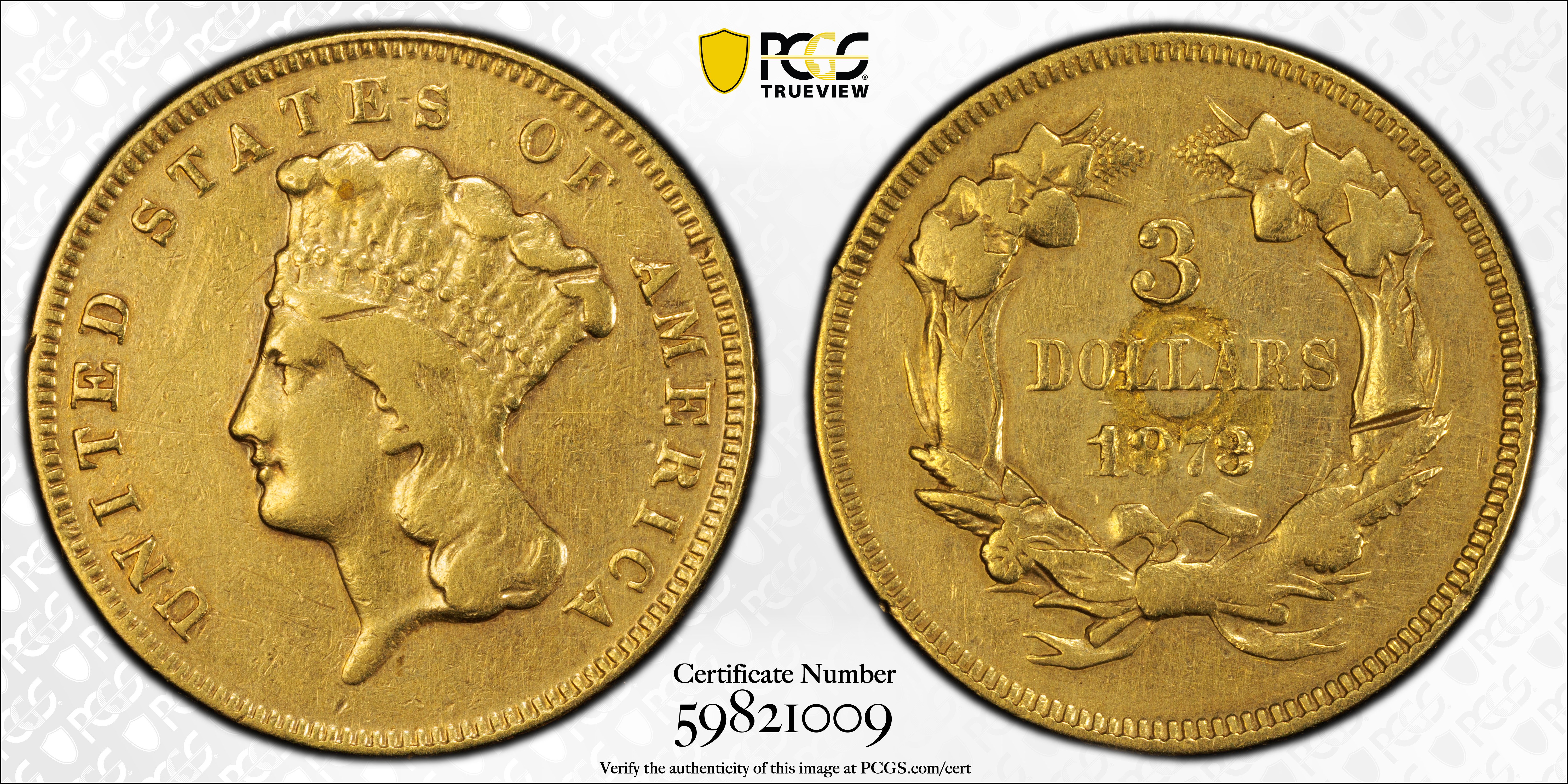 image for: 1873 Three-Dollar Gold Piece. Close 3. VF Details--Damage (PCGS).