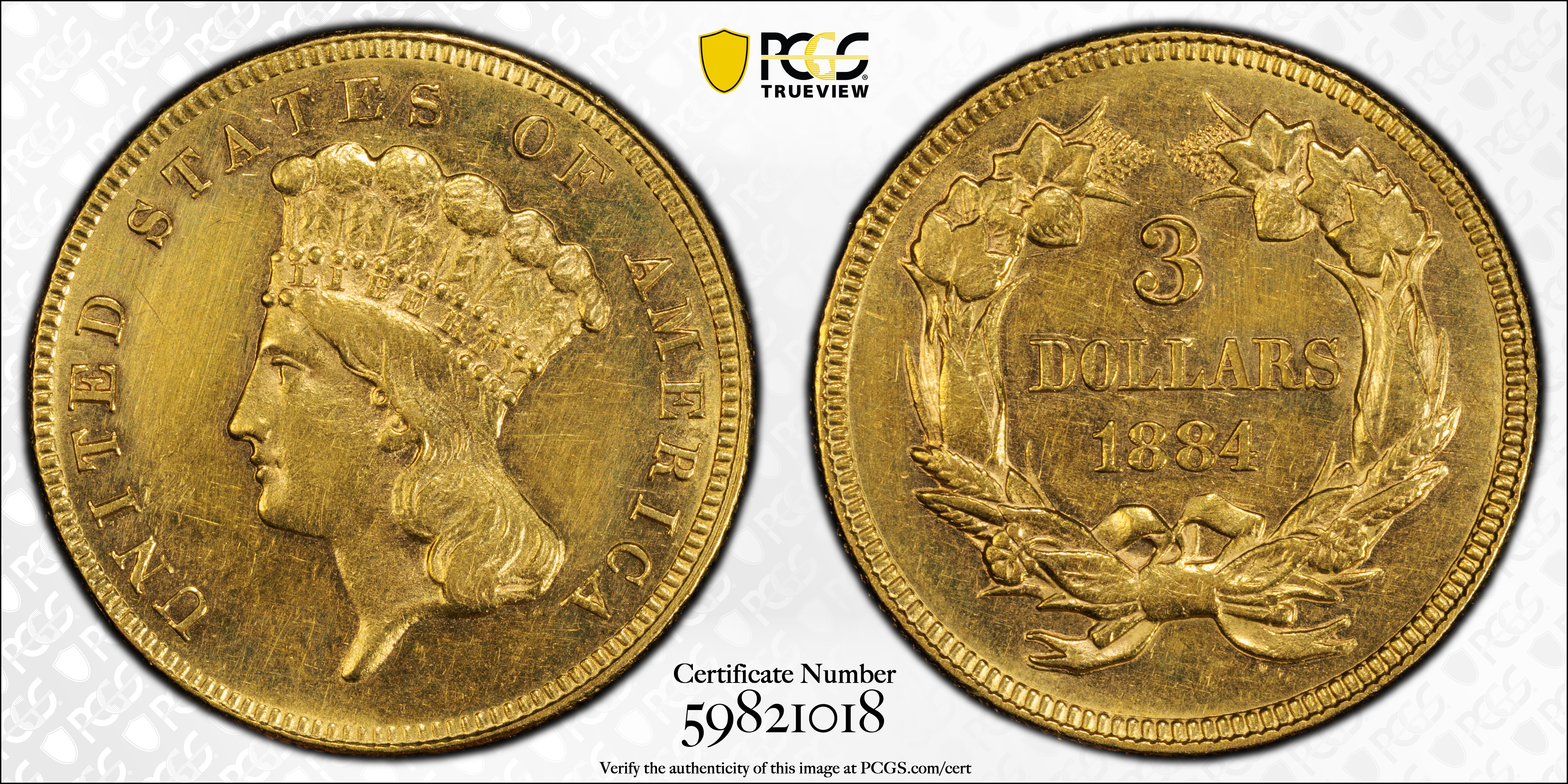 image for: 1884 Three-Dollar Gold Piece. AU Details--Harshly Cleaned (PCGS).