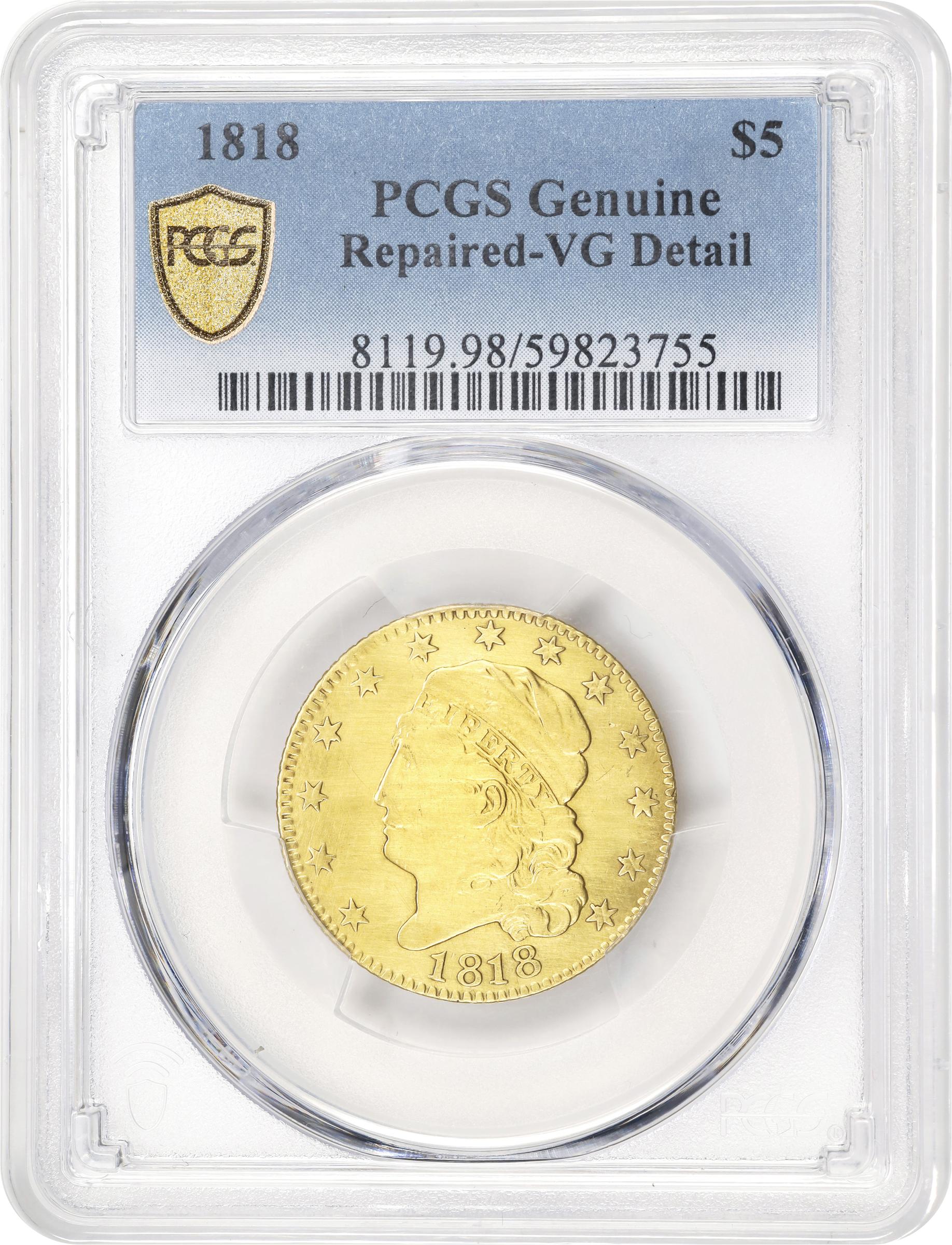 image for: 1818 Capped Head Left Half Eagle. BD-1. Rarity-5. VG Details--Repaired (PCGS).