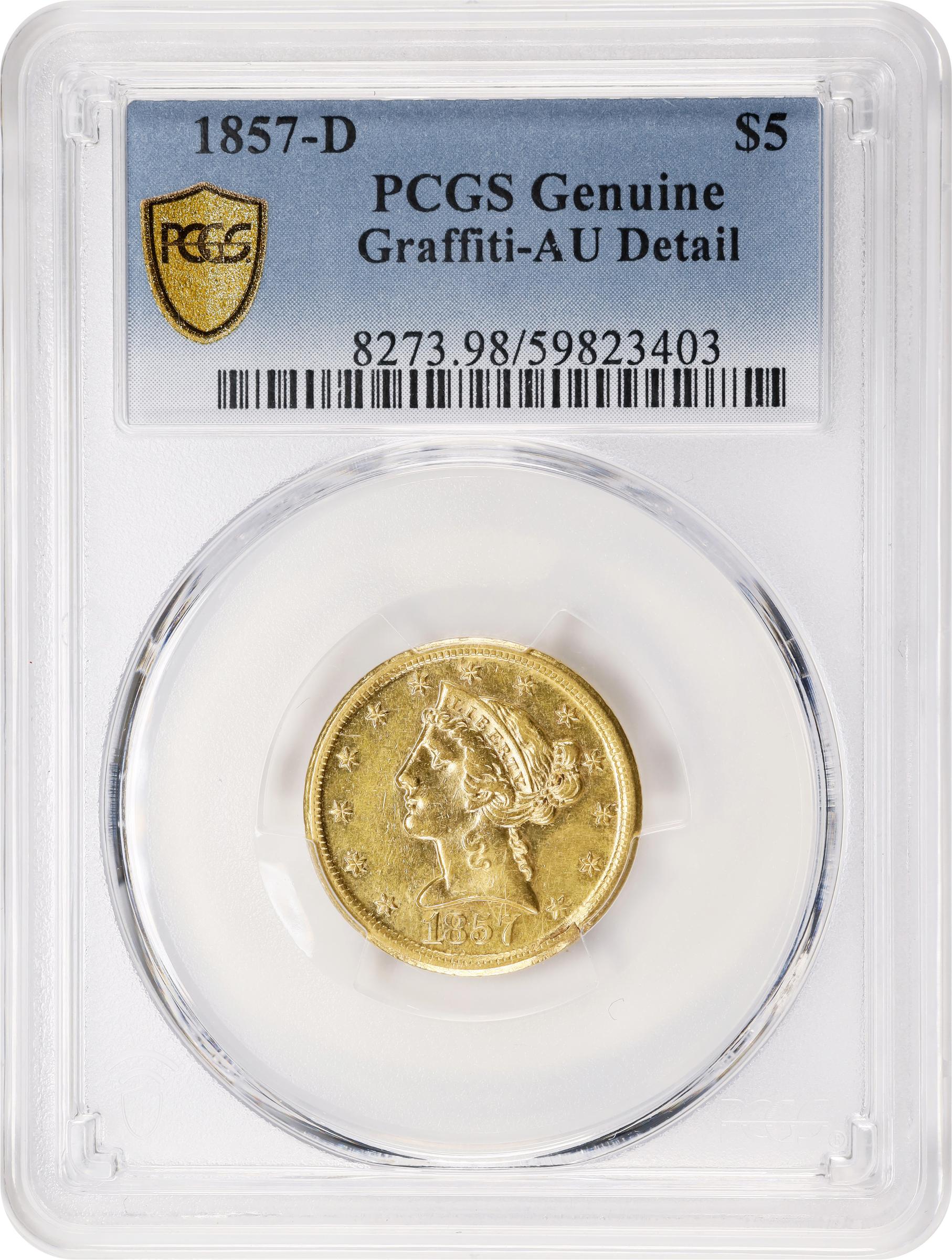 image for: 1857-D Liberty Head Half Eagle. Winter 42-HH. AU Details--Graffiti (PCGS).