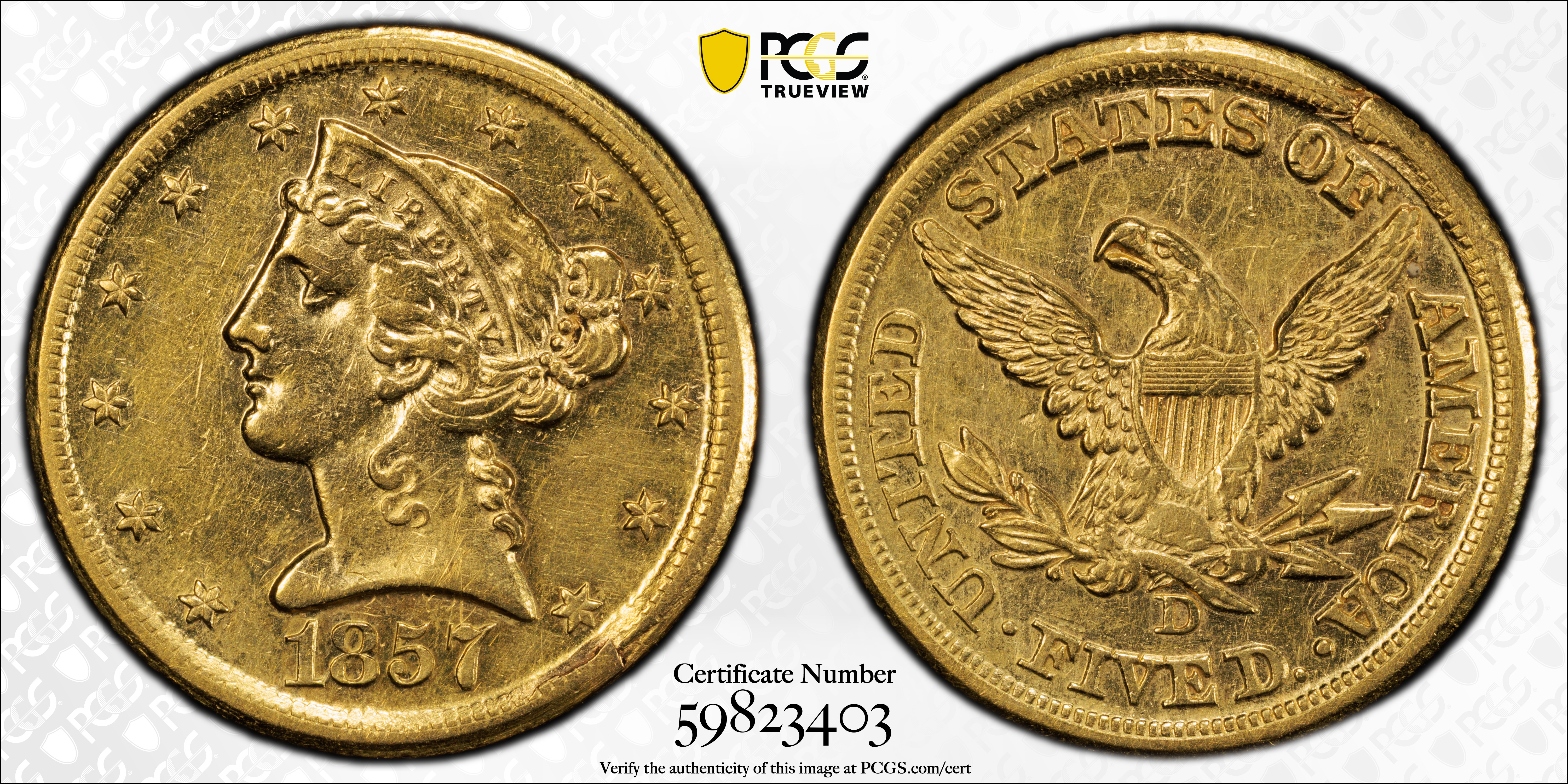 image for: 1857-D Liberty Head Half Eagle. Winter 42-HH. AU Details--Graffiti (PCGS).