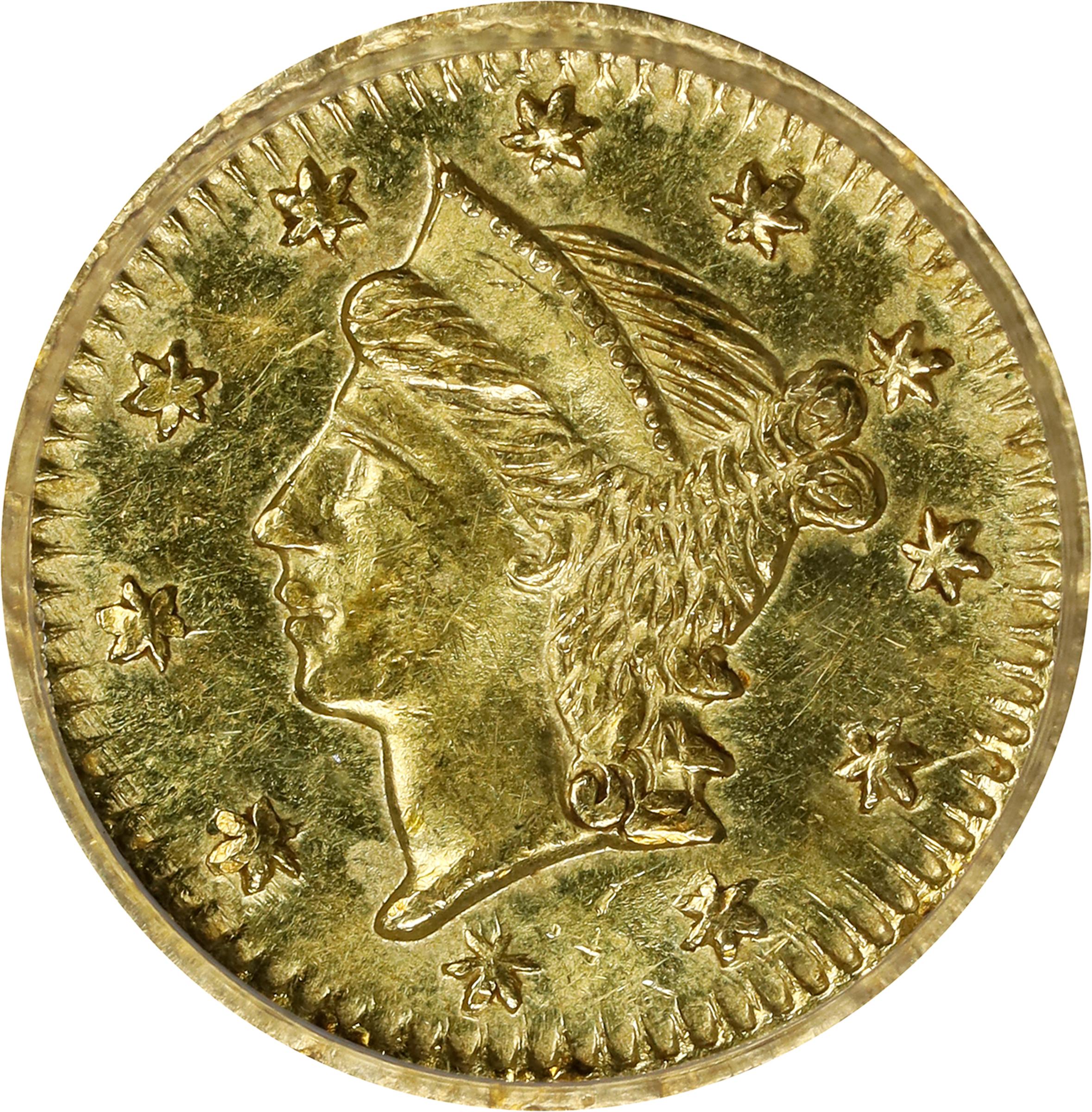 image for: Undated (1853) Round 25 Cents. BG-221. Rarity-3. Liberty Head. Unc Details--Damage (PCGS).