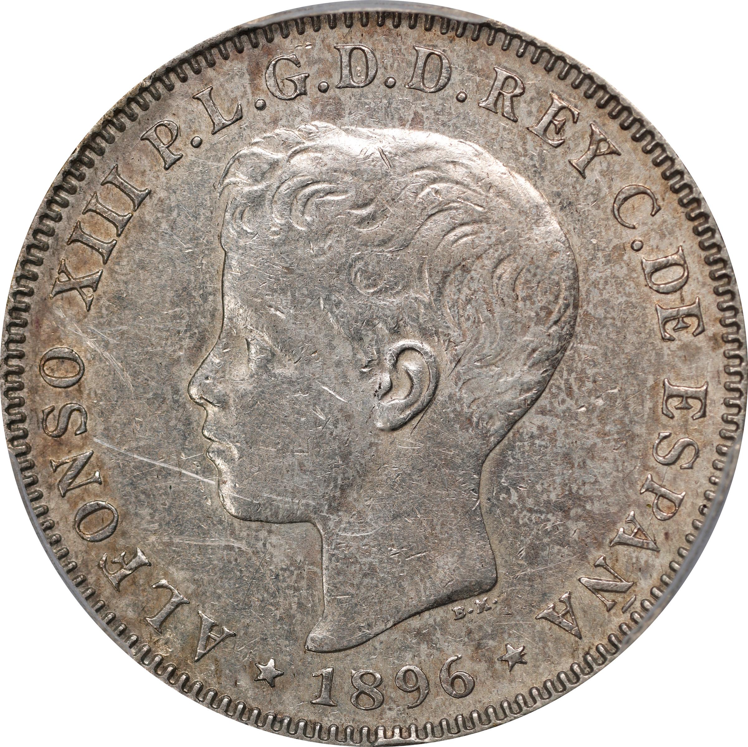 image for: PUERTO RICO. 40 Centavos, 1896-PG V. Madrid Mint. Alfonso XIII. PCGS AU-50.
