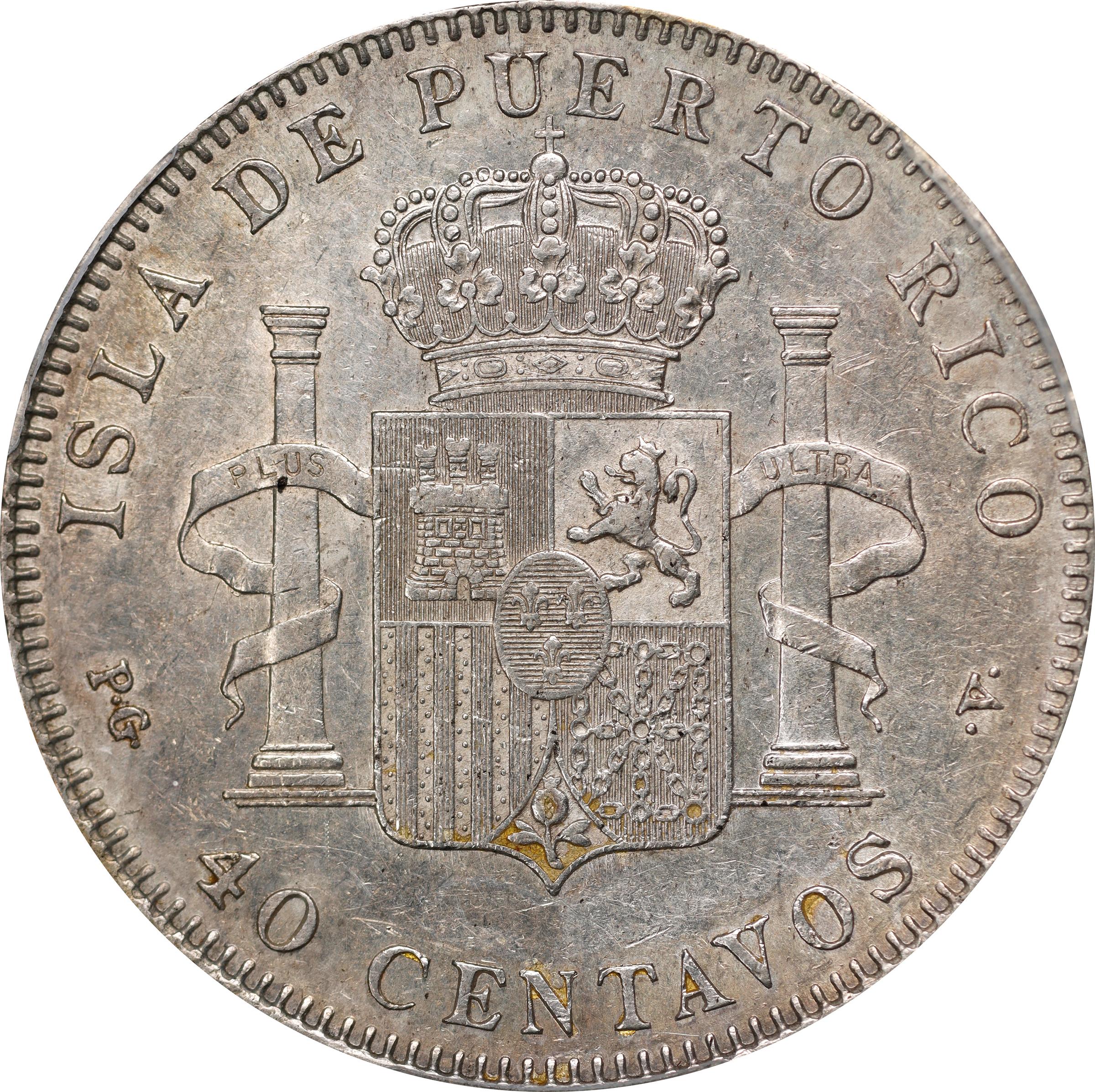 image for: PUERTO RICO. 40 Centavos, 1896-PG V. Madrid Mint. Alfonso XIII. PCGS AU-50.