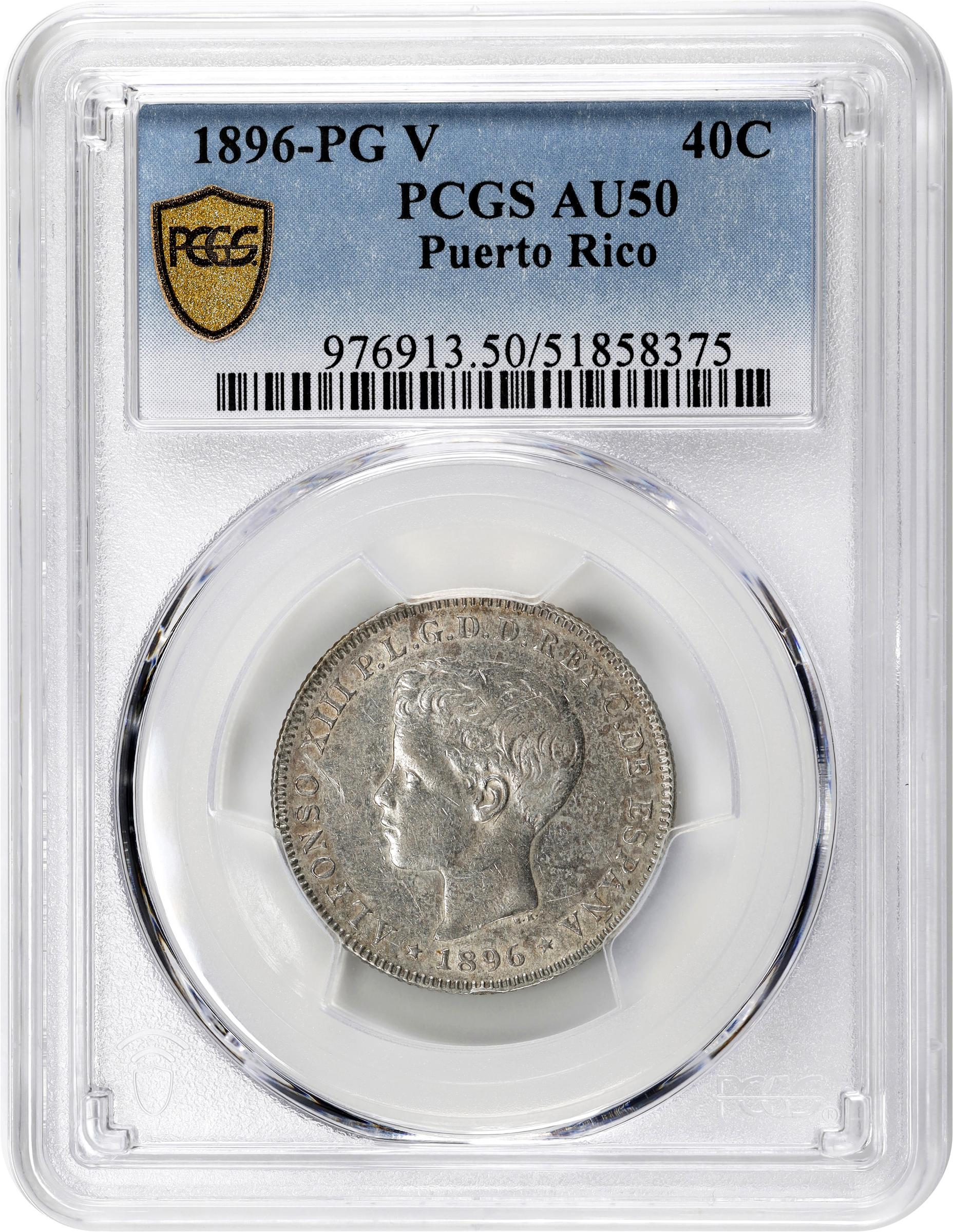 image for: PUERTO RICO. 40 Centavos, 1896-PG V. Madrid Mint. Alfonso XIII. PCGS AU-50.