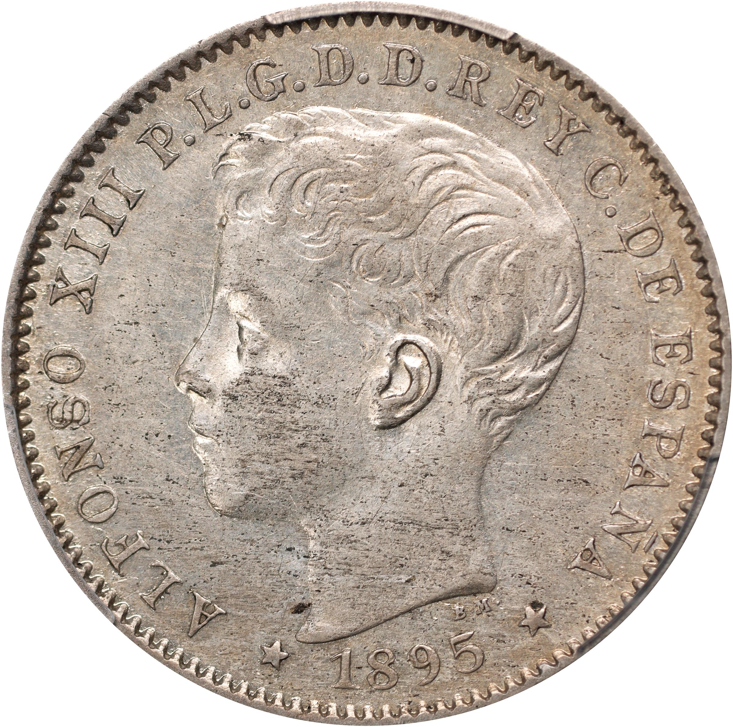 image for: PUERTO RICO. 20 Centavos, 1895-PG V. Madrid Mint. Alfonso XIII. PCGS AU-58.