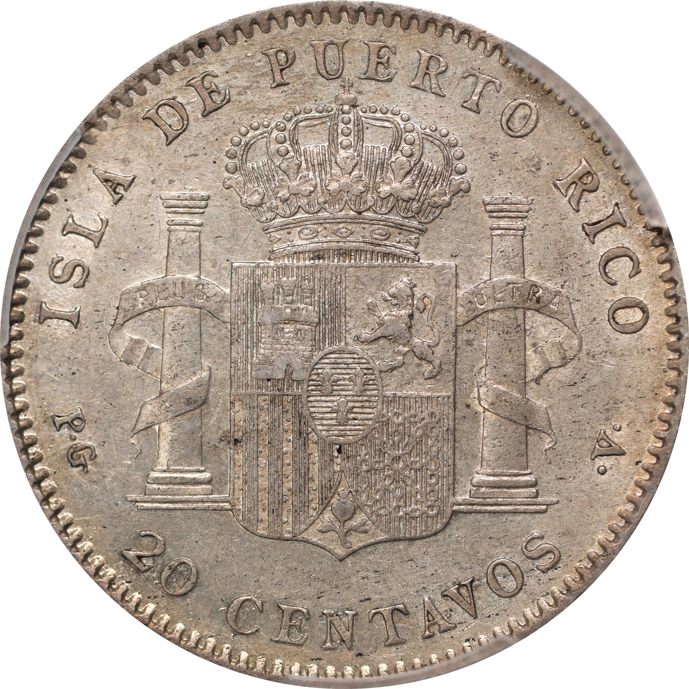 image for: PUERTO RICO. 20 Centavos, 1895-PG V. Madrid Mint. Alfonso XIII. PCGS AU-58.