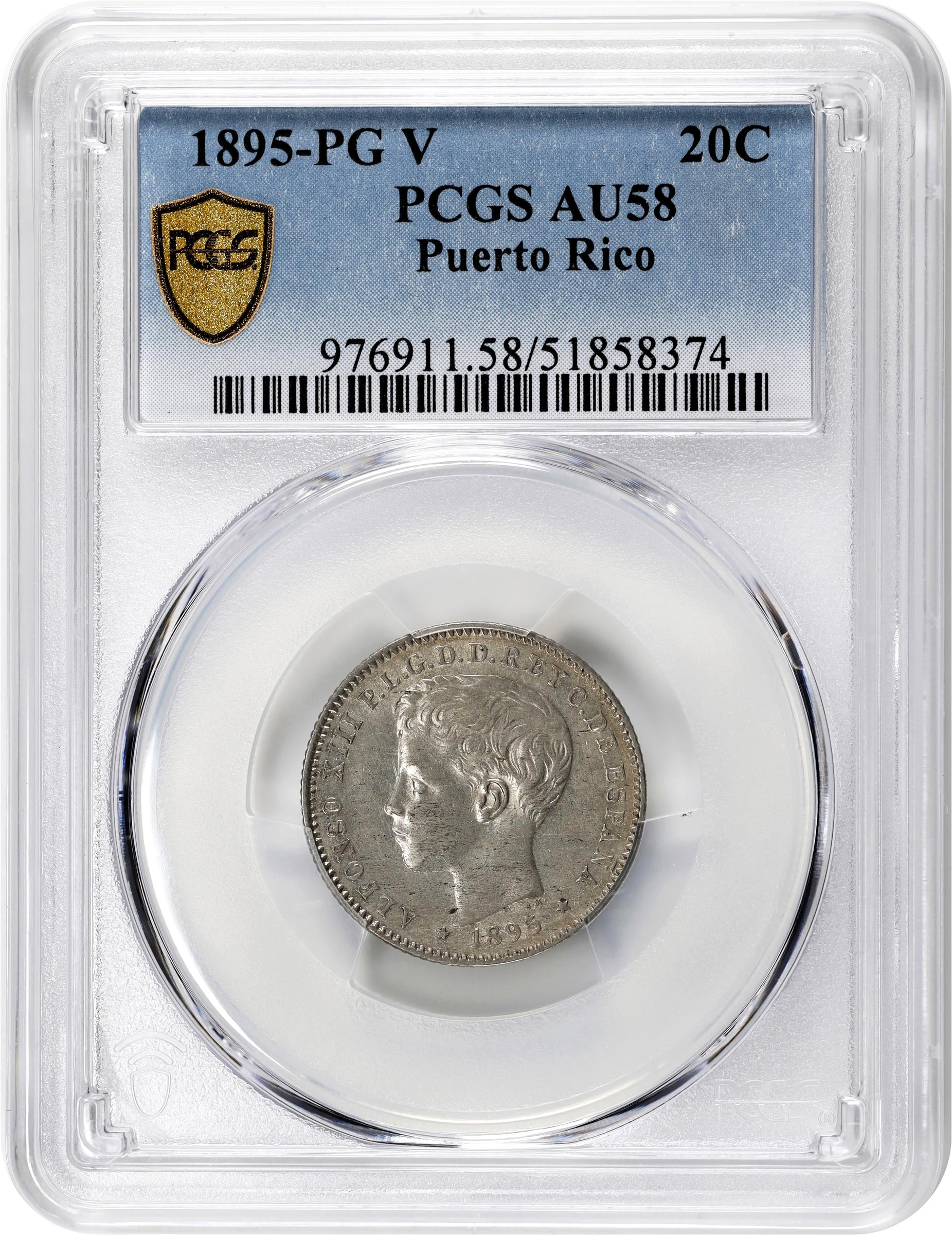 image for: PUERTO RICO. 20 Centavos, 1895-PG V. Madrid Mint. Alfonso XIII. PCGS AU-58.