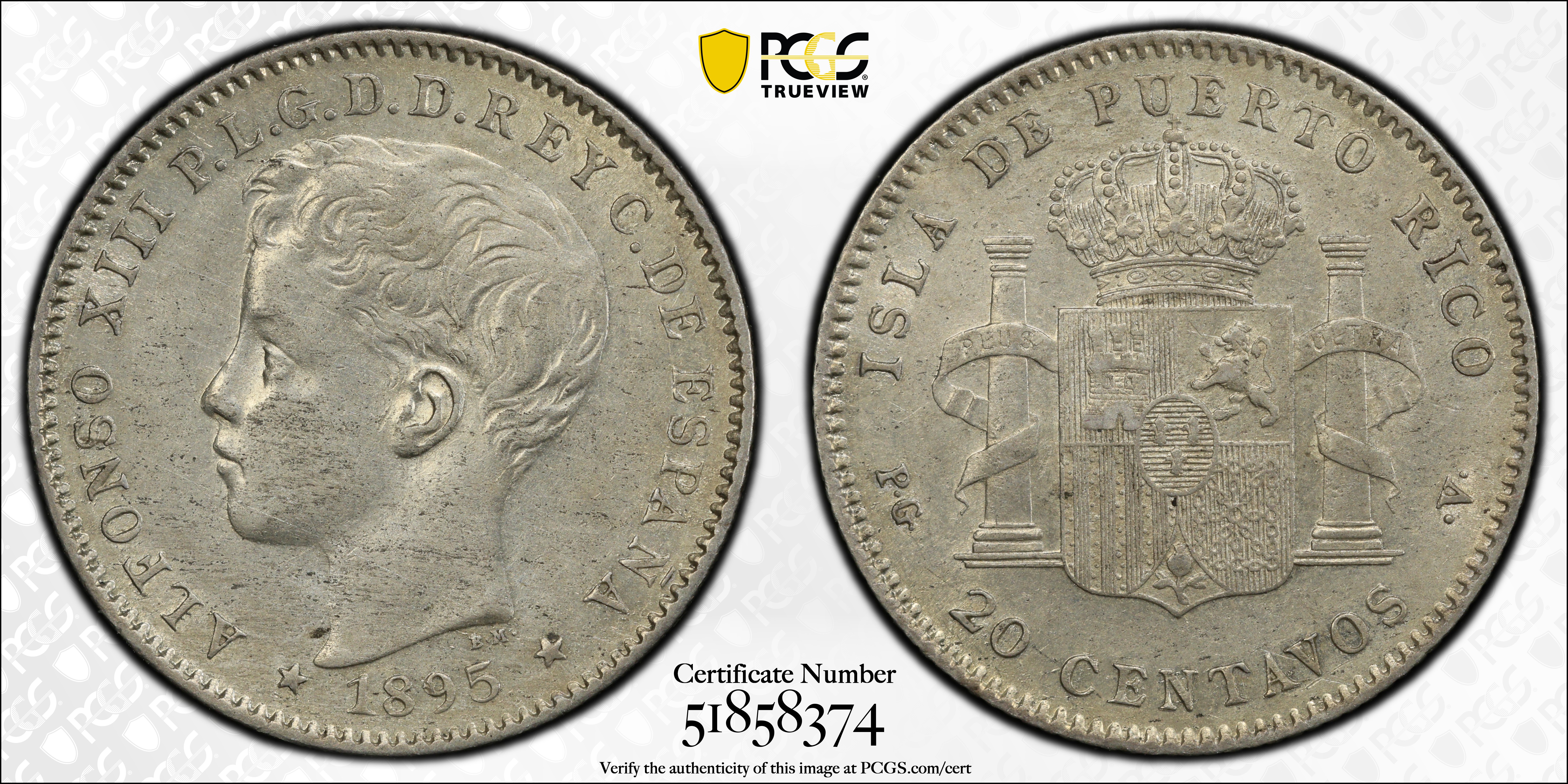 image for: PUERTO RICO. 20 Centavos, 1895-PG V. Madrid Mint. Alfonso XIII. PCGS AU-58.