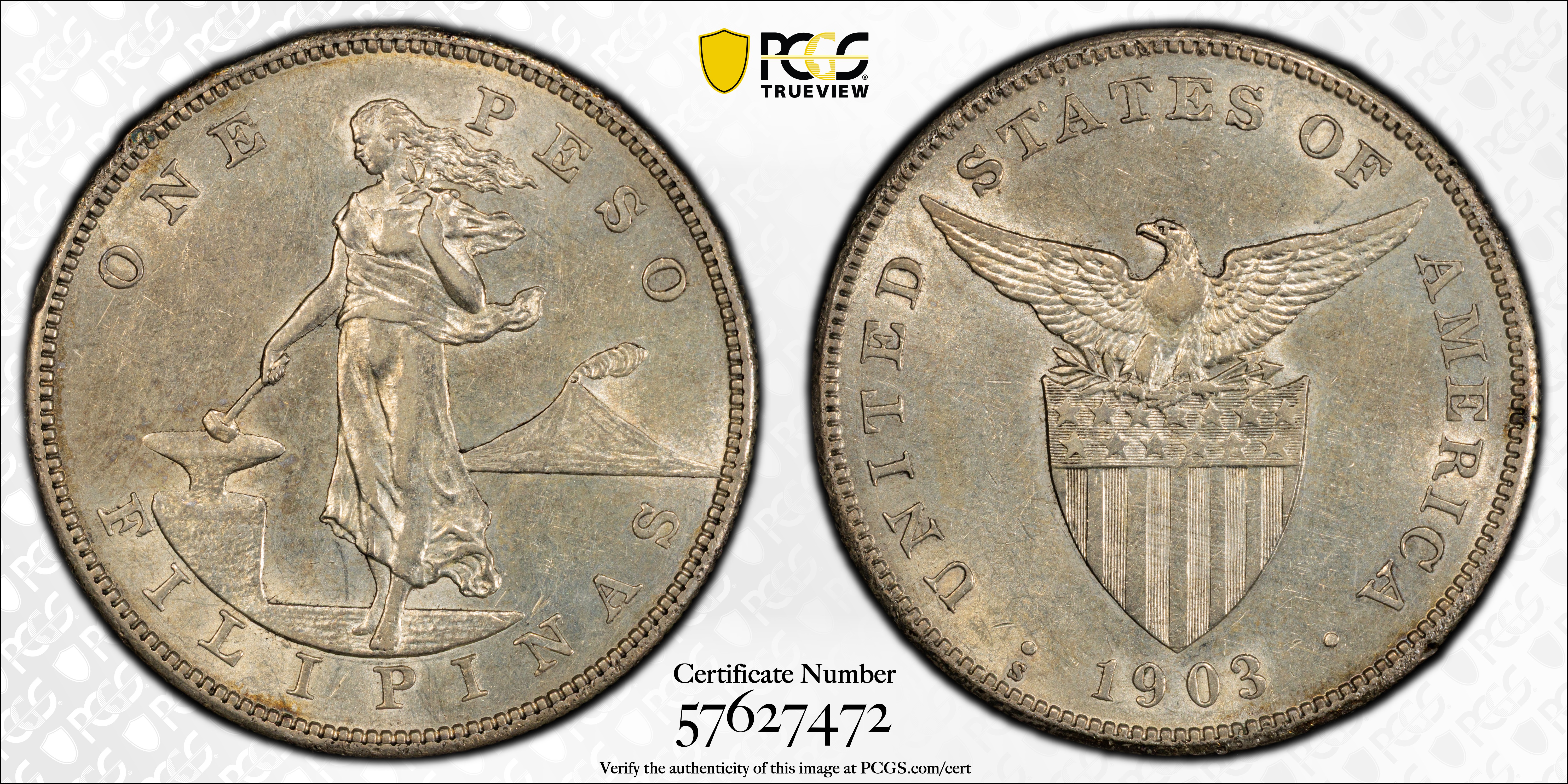 image for: PHILIPPINES. Peso, 1903-S. San Francisco Mint. PCGS AU-58.