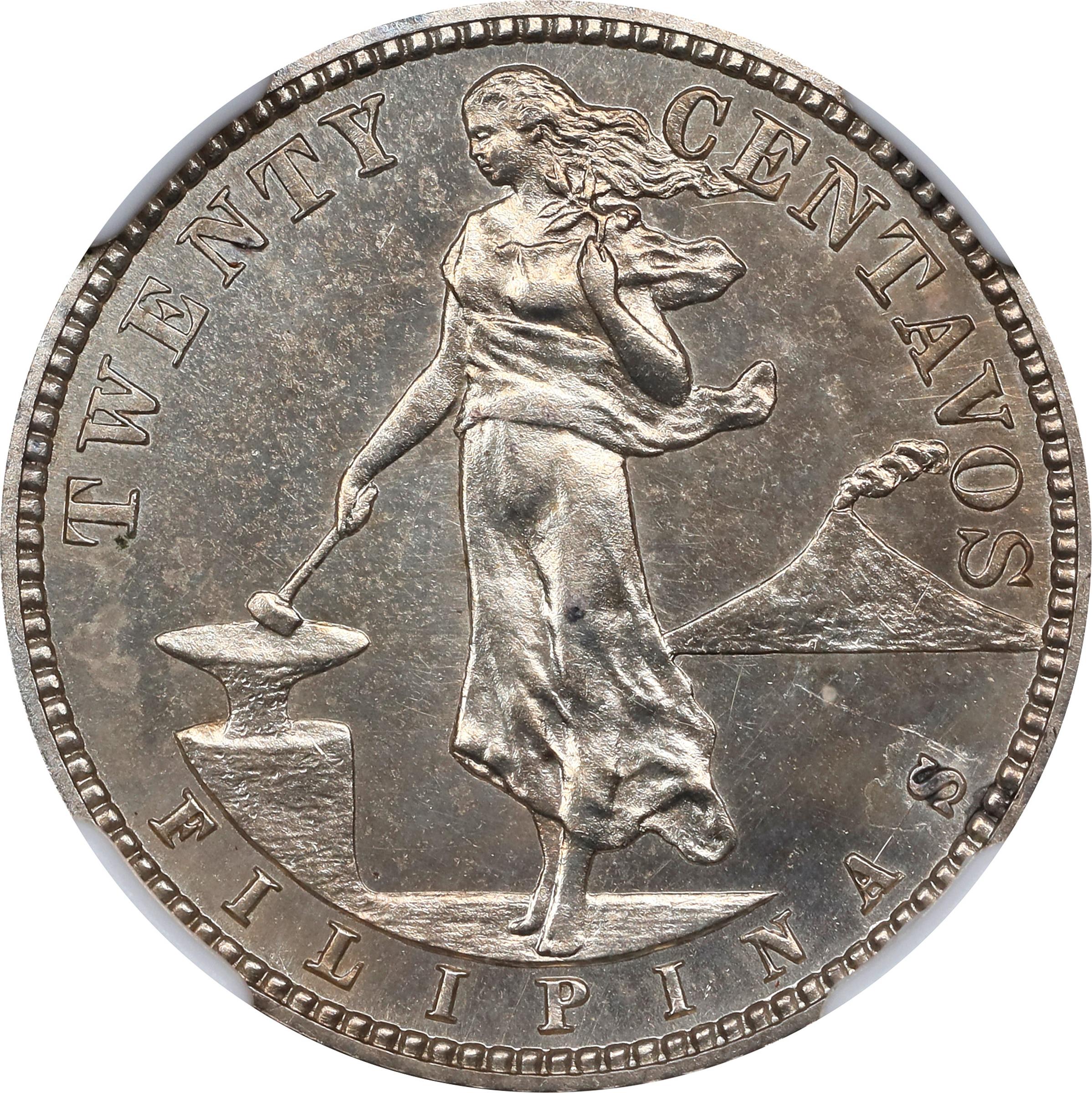 image for: PHILIPPINES. 20 Centavos, 1908. Philadelphia Mint. NGC MS-64.