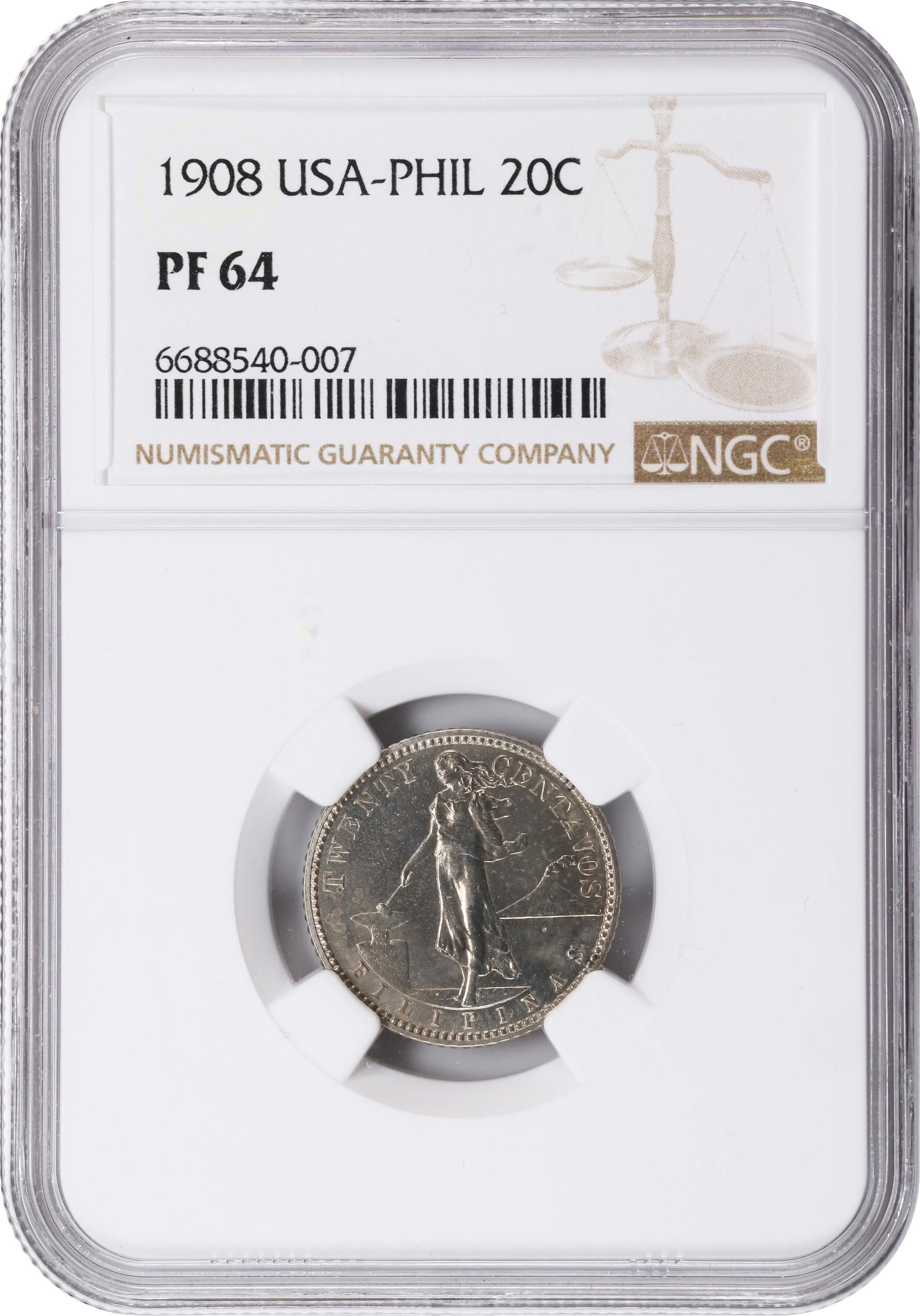 image for: PHILIPPINES. 20 Centavos, 1908. Philadelphia Mint. NGC MS-64.