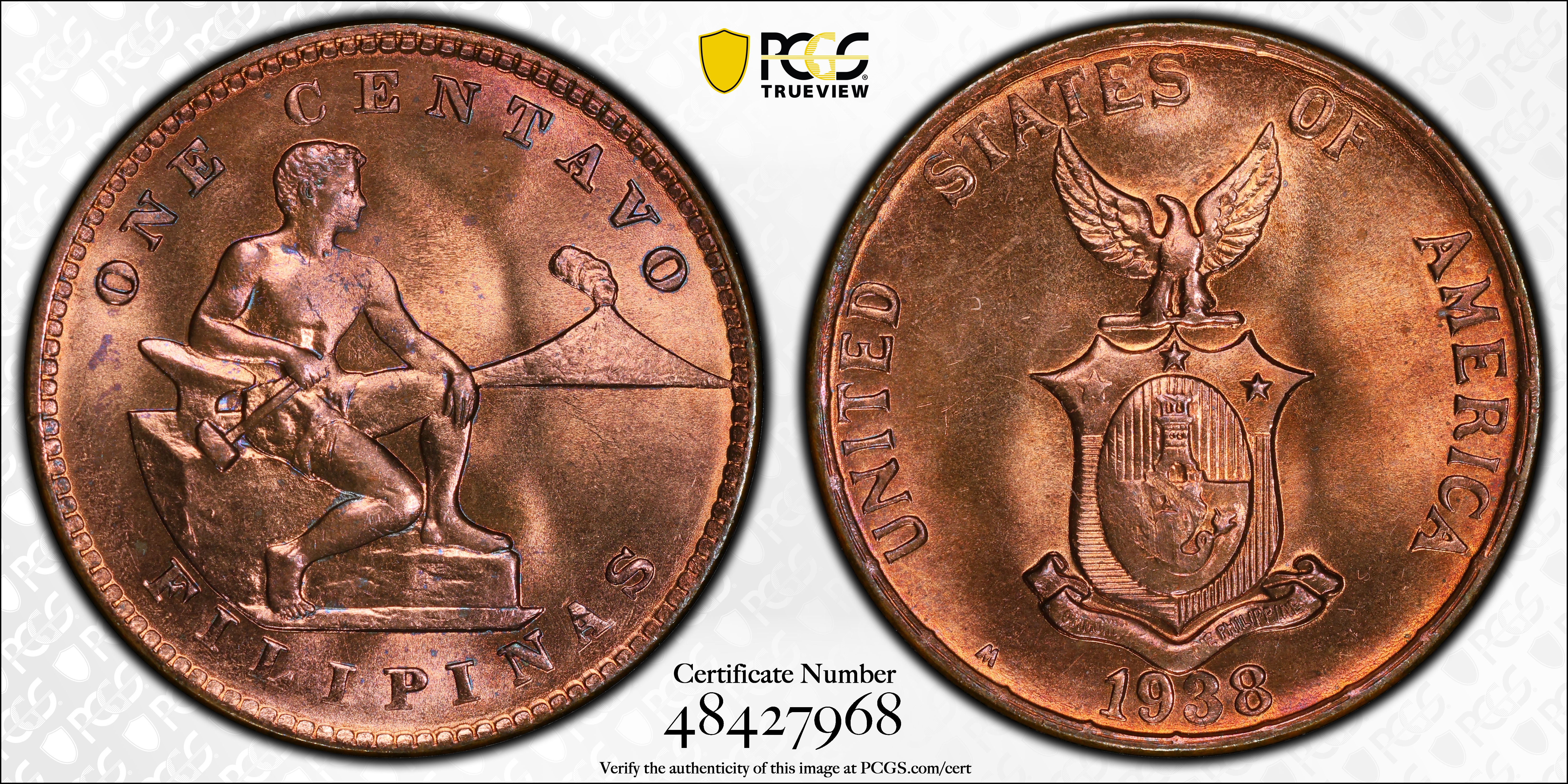 image for: PHILIPPINES. Centavo, 1938-M. Manila Mint. PCGS MS-65 Red.