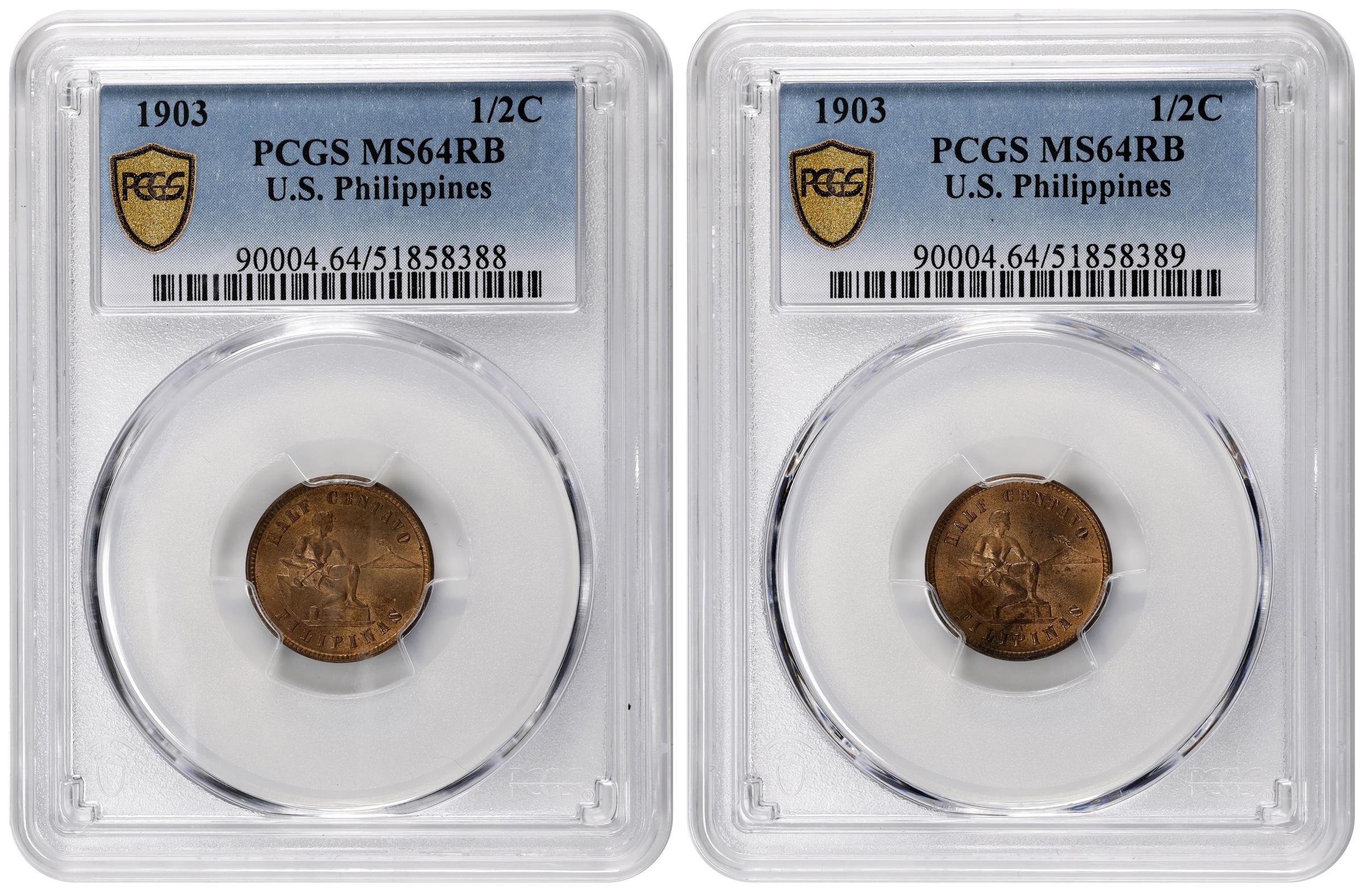 image for: PHILIPPINES. Duo of 1/2 Centavos (2 Pieces), 1903. Philadelphia Mint. PCGS MS-64 Red Brown.