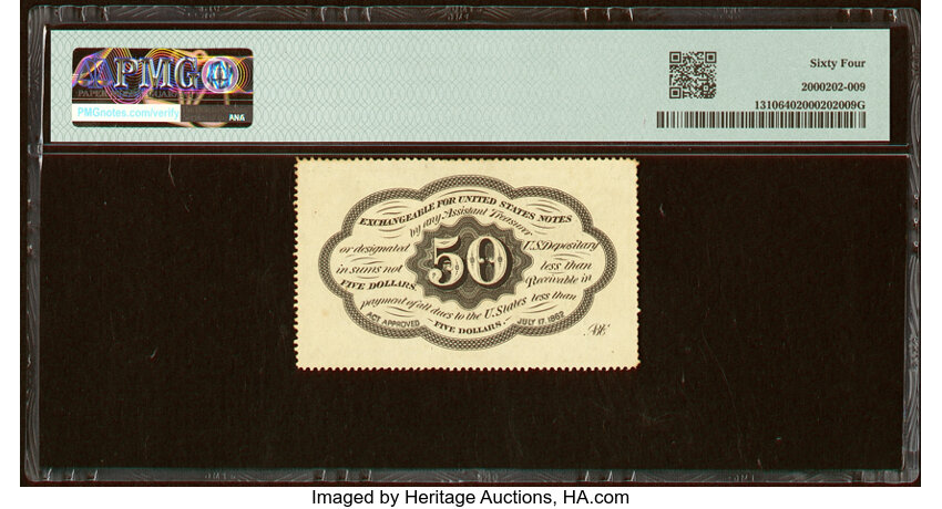 image for:  Five Stamps Obverse 50c PMG CU64 (Fr. 1310)