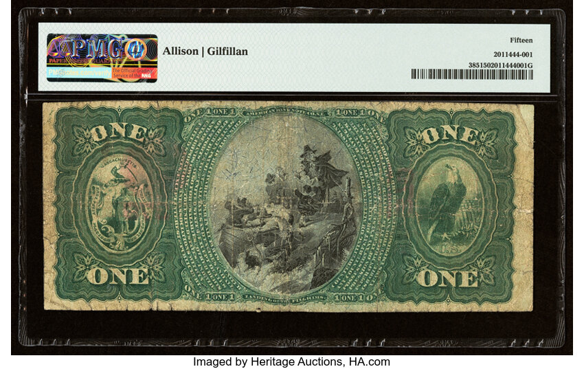 image for: 1875 1st Charter Period $1  PMG F15 Scalloped Seal (Fr. 385)
