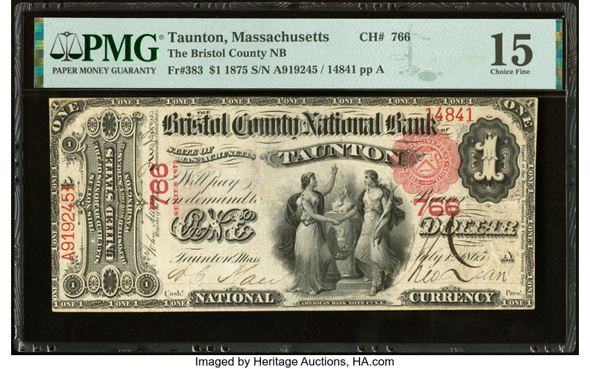 image for: Taunton, MA - $1 1875 Fr. 383 The Bristol County National Bank Ch. # 766 PMG Choice Fine 15....