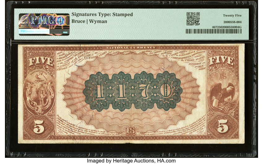 image for: 1882 2nd Charter Period, 1st Issue $5  PMG VF25 Brown Back (Fr. 467)