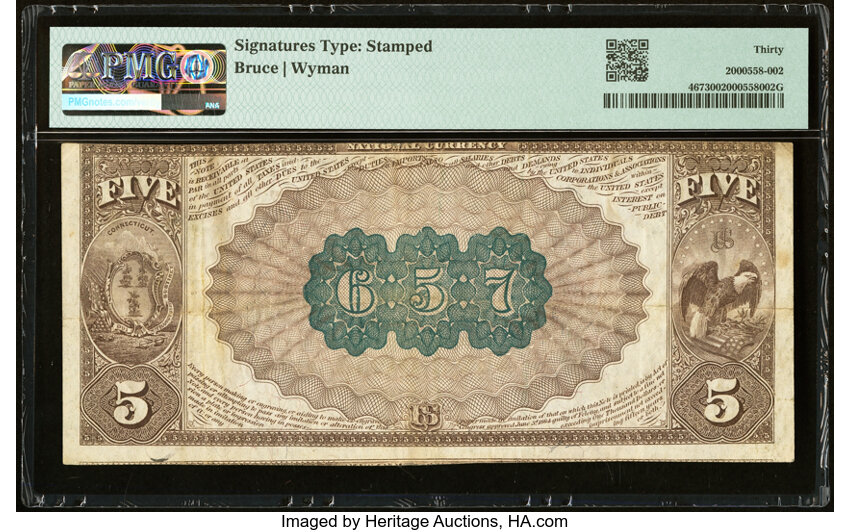 image for: 1882 2nd Charter Period, 1st Issue $5  PMG VF30 Brown Back (Fr. 467)