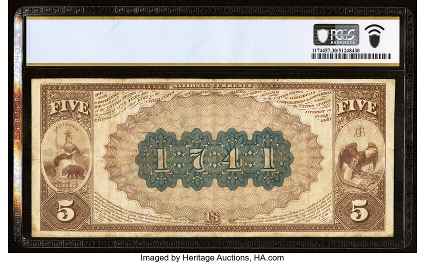 image for: 1882 2nd Charter Period, 1st Issue $5  PCGS VF30 Brown Back (Fr. 471)