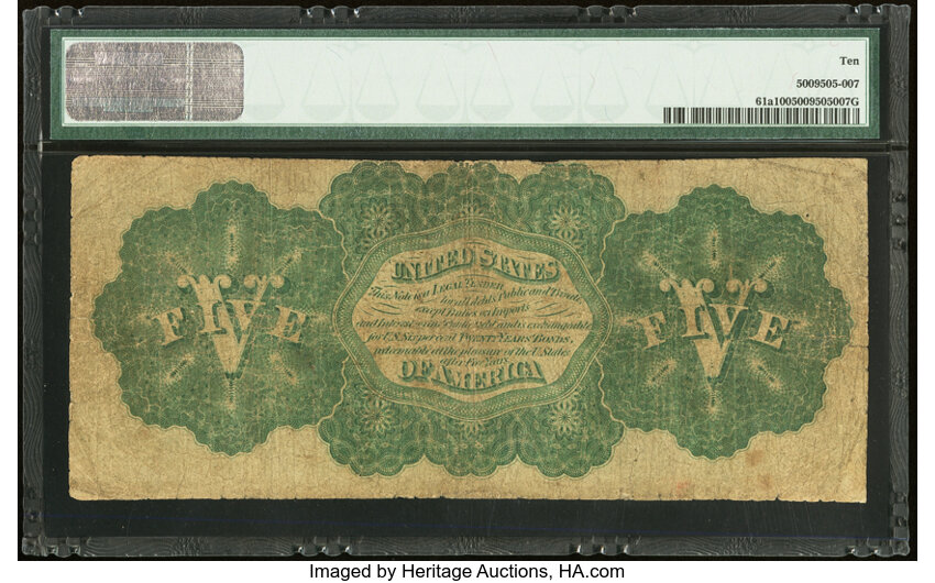 image for: Fr. 61a $5 1862 Legal Tender PMG Very Good 10....