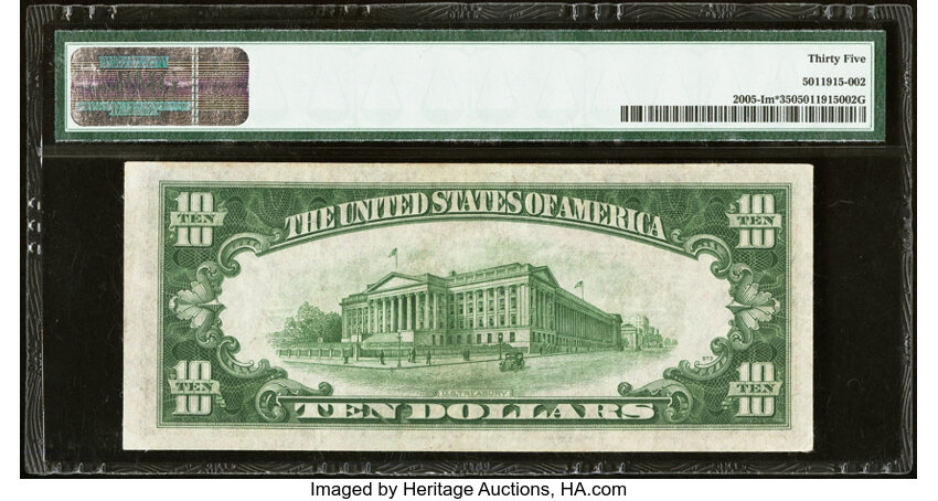 image for: 1934 Dark Green Seal, Replacement, Minneapolis $10  PMG VF35 (Fr. 2005I*)