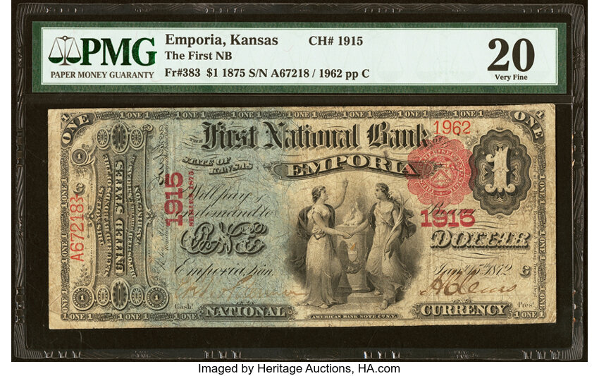 image for: Emporia, KS - $1 1875 Fr. 383 The First National Bank Ch. # 1915 PMG Very Fine 20....