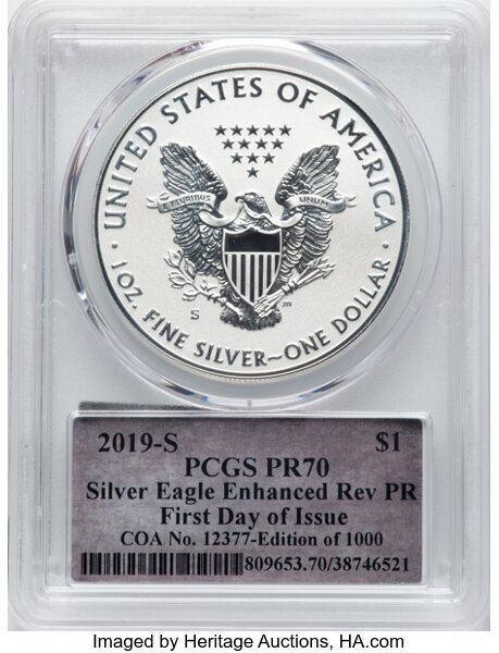 image for: 2019-S Silver Eagle, Enhanced Reverse Proof $1  PCGS PR70