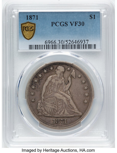 image for: 1871 $1  PCGS VF30