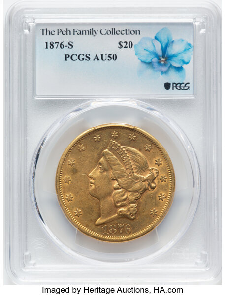 image for: 1876-S $20  PCGS AU50