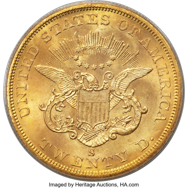 image for: 1857-S Bold S $20  PCGS MS64