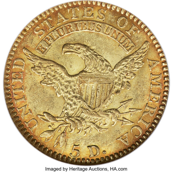 image for: 1818 $5 BD-1, R.5, AU58 NGC. Bass-Dannreuther Die State b, as usual, showing a peripheral die crack through the lower right...