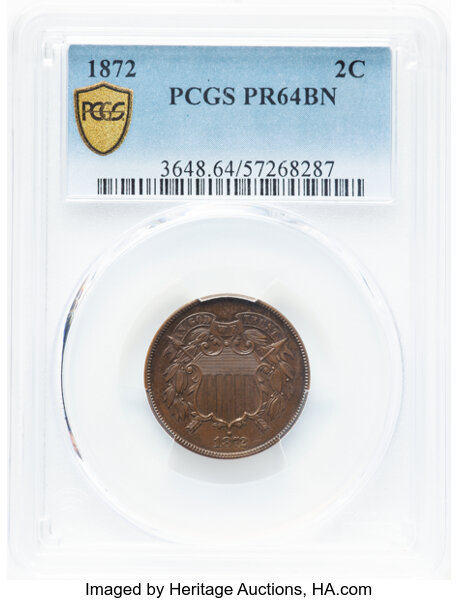 image for: 1872 2C PR64 Brown PCGS. PCGS Population: (45/42).  Mintage 950. ...