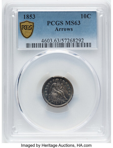 image for: 1853 Arrows 10c PCGS MS63