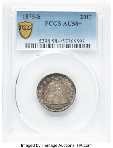 image for: 1875-S 20C Misplaced Date, FS-302, BF-16, R.1, AU58+ PCGS.  Mintage 1,155,000....