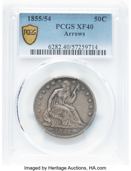 image for: 1855/54 50C Arrows, WB-102, FS-301, XF40 PCGS. PCGS Population: (13/62).  Mintage 759,500....