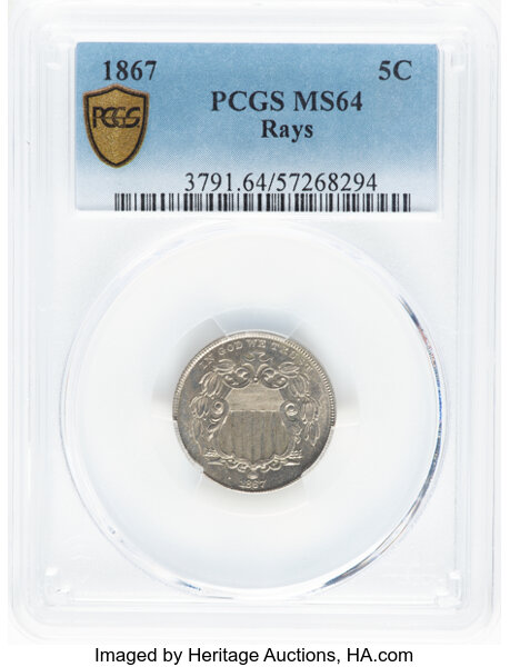 image for: 1867 Rays 5c PCGS MS64