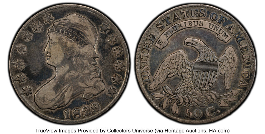 image for: 1829/7 50C O-102a, Low R.5, VF25 PCGS. PCGS Population: (32/422).  Mintage 3,712,156....