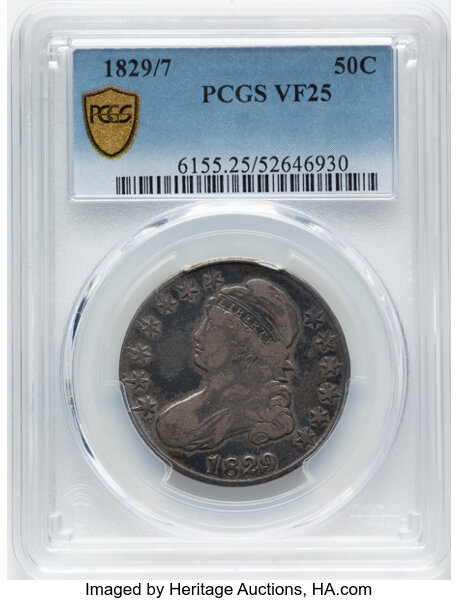 image for: 1829/7 50C O-102a, Low R.5, VF25 PCGS. PCGS Population: (32/422).  Mintage 3,712,156....